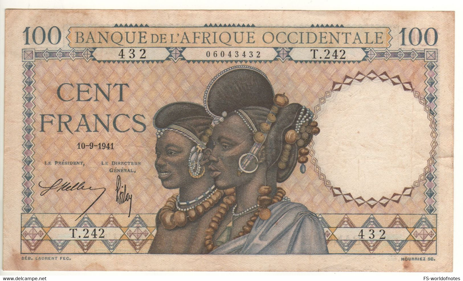 FRENCH WEST AFRICA  100 Francs  P23  Dated 10-9-1941  ( Women With Local Dress & Traditions ) - Sénégal
