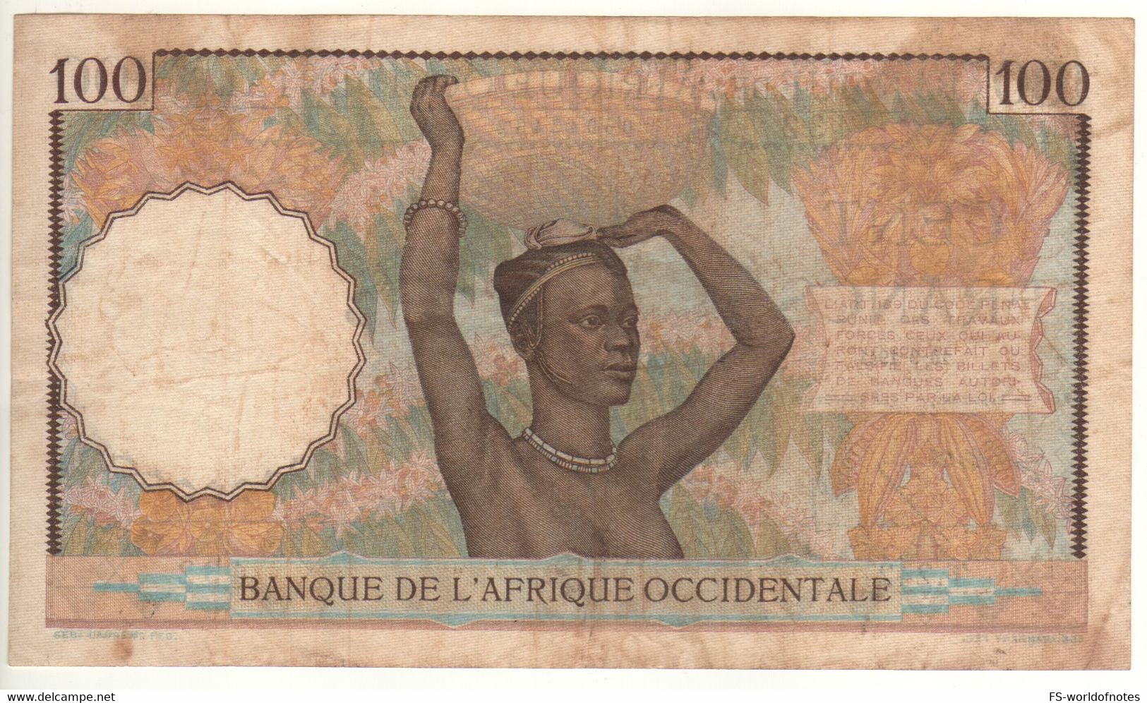 FRENCH WEST AFRICA  100 Francs  P23  Dated 10-9-1941  ( Women With Local Dress & Traditions ) - Senegal