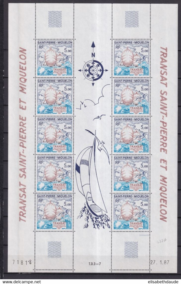 SPM - 1987 - VOILIERS - FEUILLE COMPLETE TRIPTYQUE YVERT N°477A **  MNH - COTE = 42.5++ EUR. - Blocks & Sheetlets