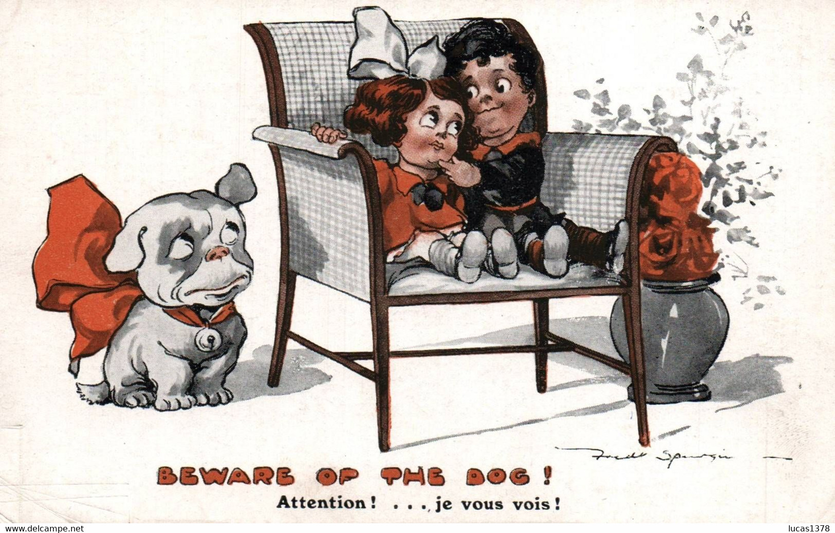 Illustrateur FRED SPURGIN - Jolie Carte Fantaisie Enfants Amoureux Et Chien "Beware Of The Dog ! - Spurgin, Fred