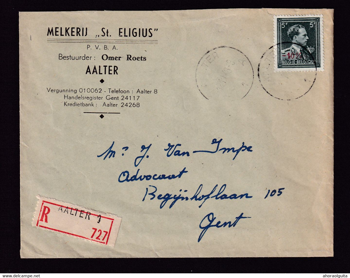 37/438 -- Lettre Recommandée TP Moins 10 % AALTER 1946 Vers GENT - Entete Melkerij St Eligius , Omer Roets - 1946 -10%