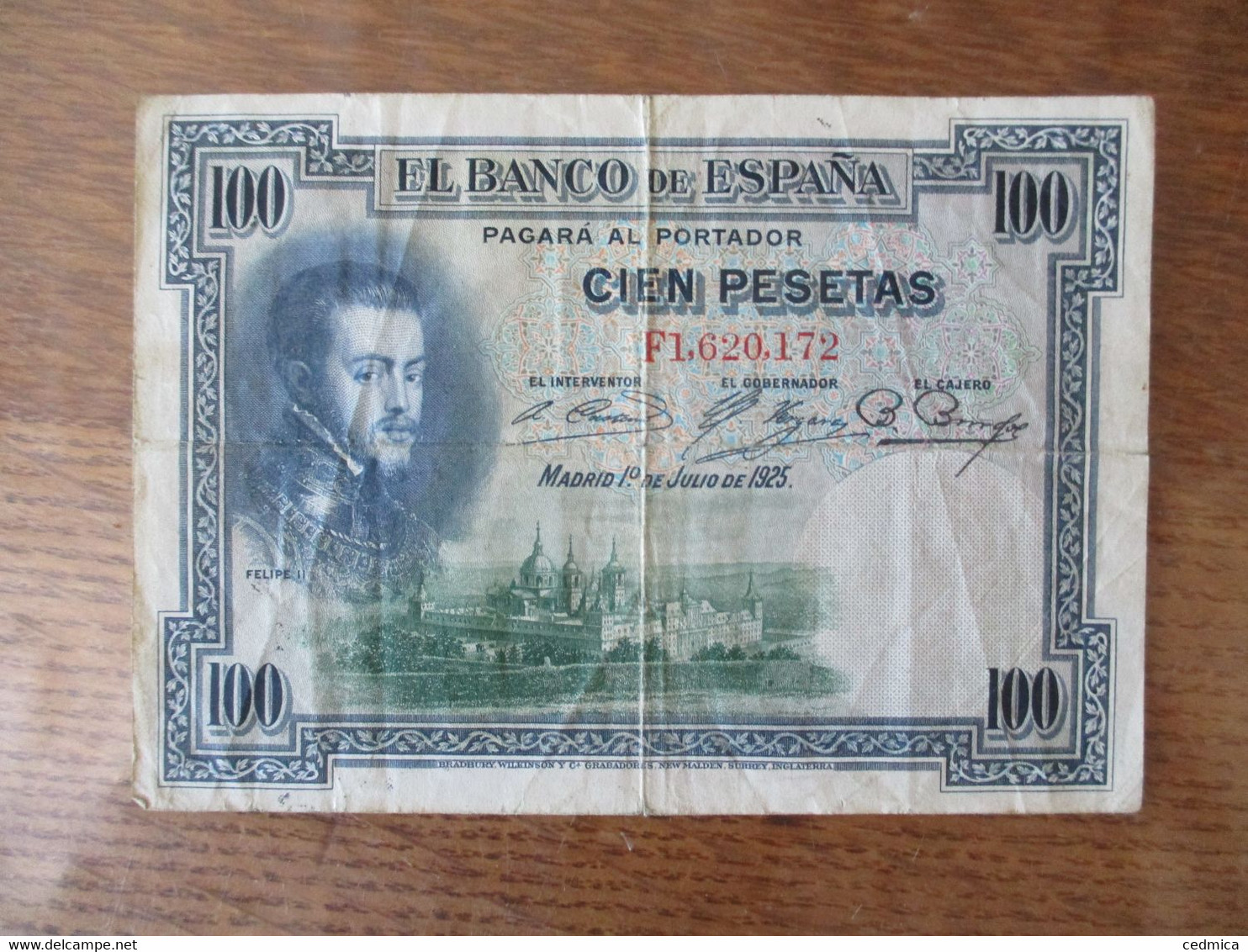 CIEN PESETAS EL BANCO DE ESPANA PAGARA AL PORTADOR MADRID 1° DE JULIO DE 1925 - 100 Peseten