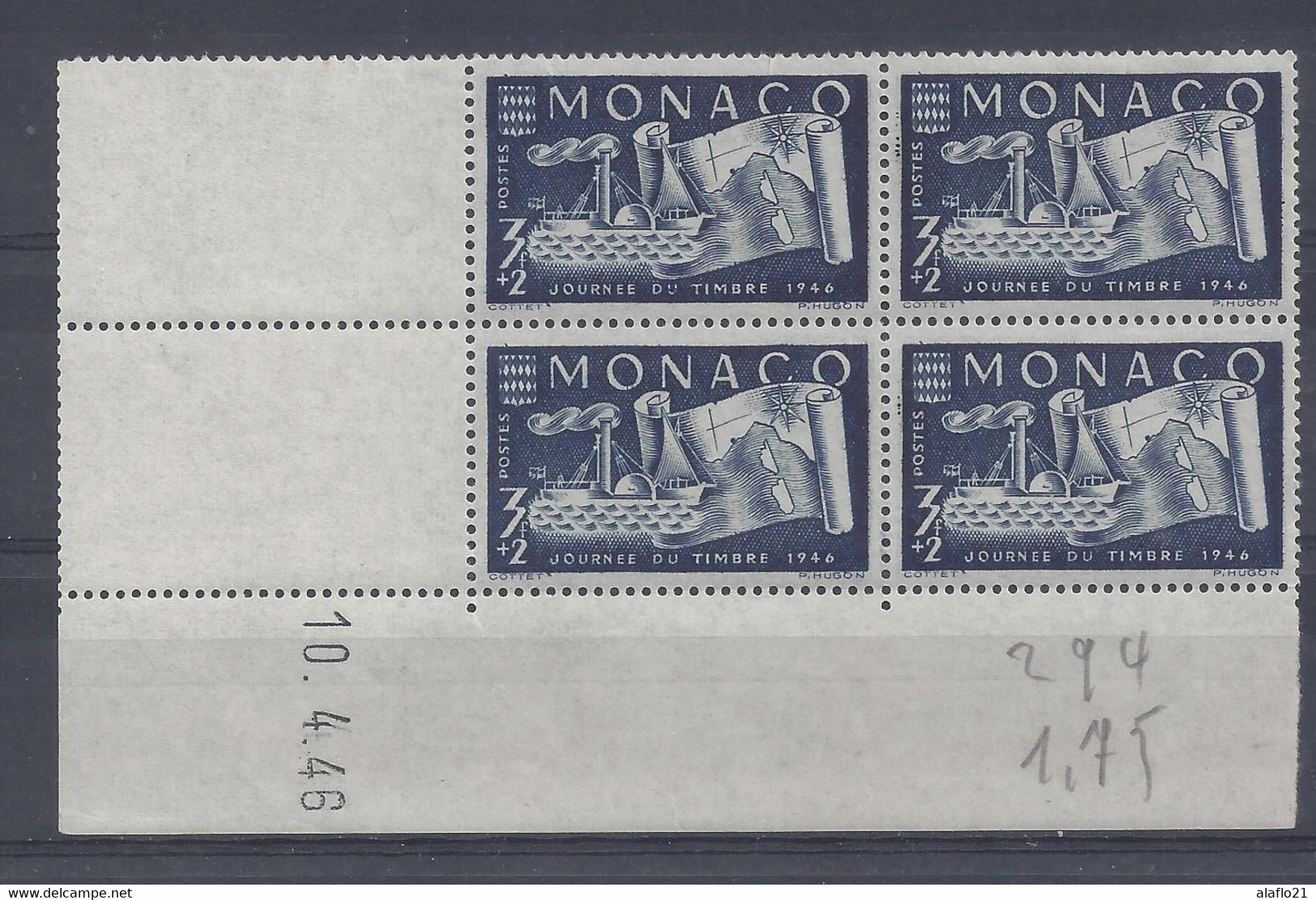 MONACO - N° 294 - Bloc De 4 COIN DATE - NEUF SANS CHARNIERE - 10/4/46 - Neufs