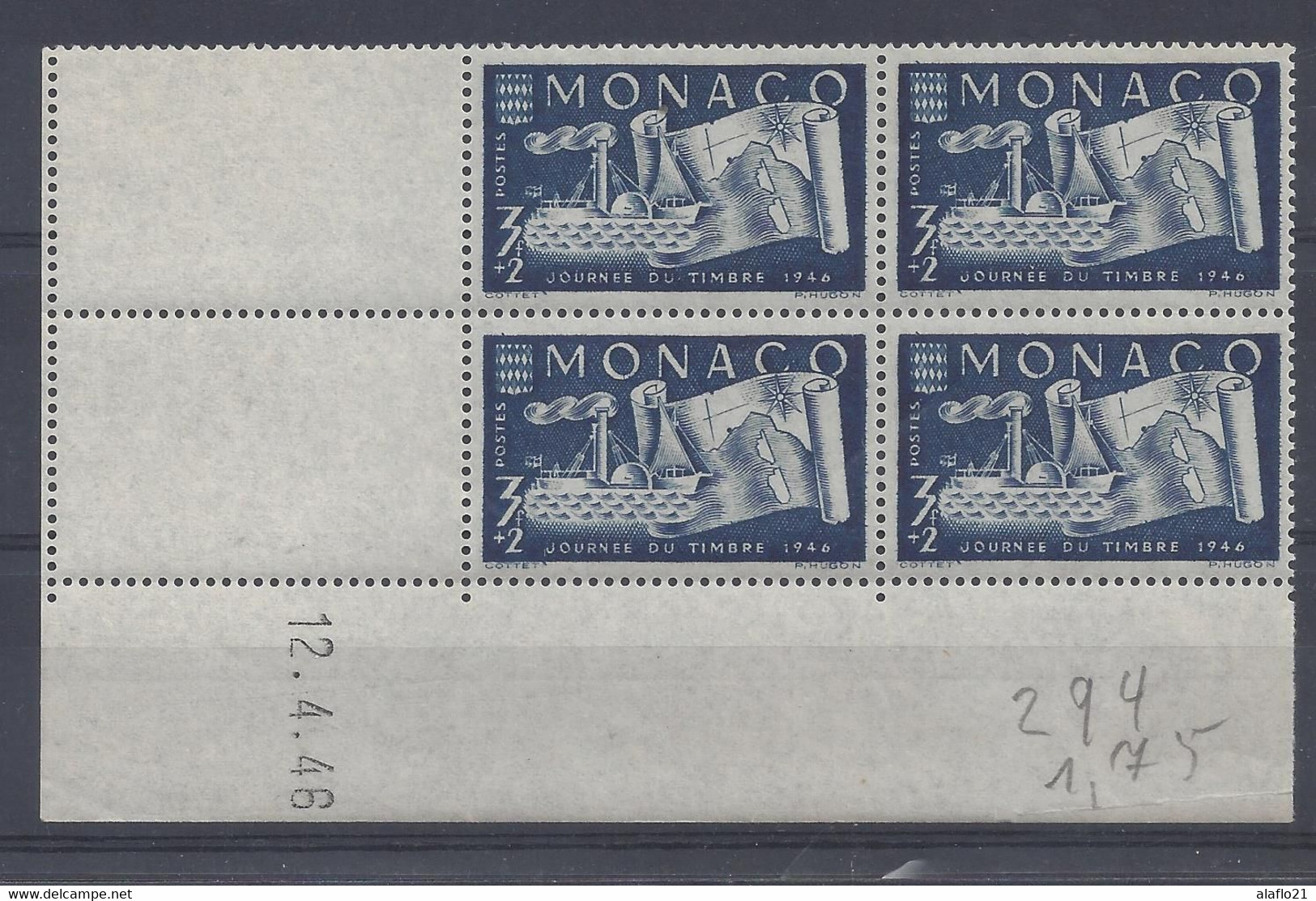 MONACO - N° 294 - Bloc De 4 COIN DATE - NEUF SANS CHARNIERE - 12/4/46 - Unused Stamps