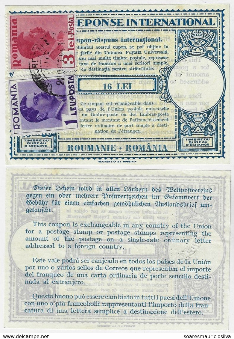 Romania 1940 Coupon Reponse International 16 Lei 2 Stamp 1+3 Lei Red King Charles II Postmark Bucharest Stapler Hole - Briefe U. Dokumente