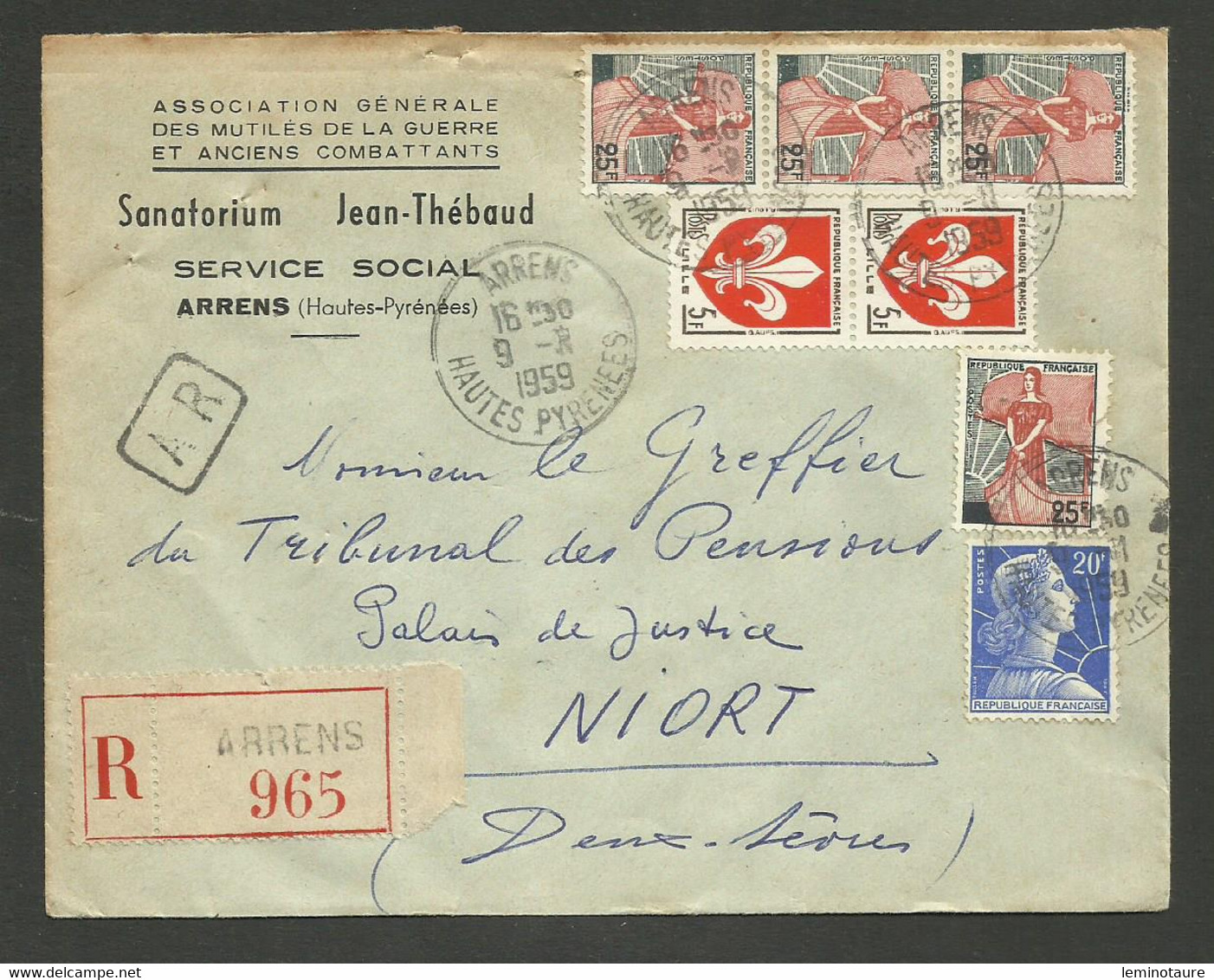 HAUTES PYRENEES / Lettre Recommandée A.R. ARRENS 09.11.1959 >>> NIORT / Marianne à La Nef - Muller - Blason - 1921-1960: Modern Period