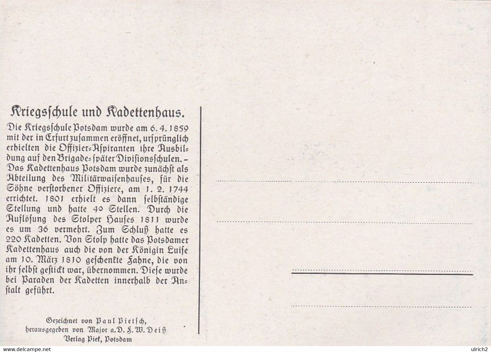 AK Kriegsschule Und Kadettenhaus Potsdam - Künstlerkarte Paul Pietsch (61185) - Uniforms