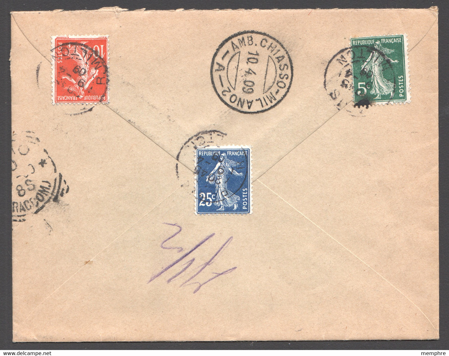 1909 Enveloppe Semeuse 10c Yv 138-E4 Sans Date Recommandée Pour L'Italie - Enveloppes Types Et TSC (avant 1995)