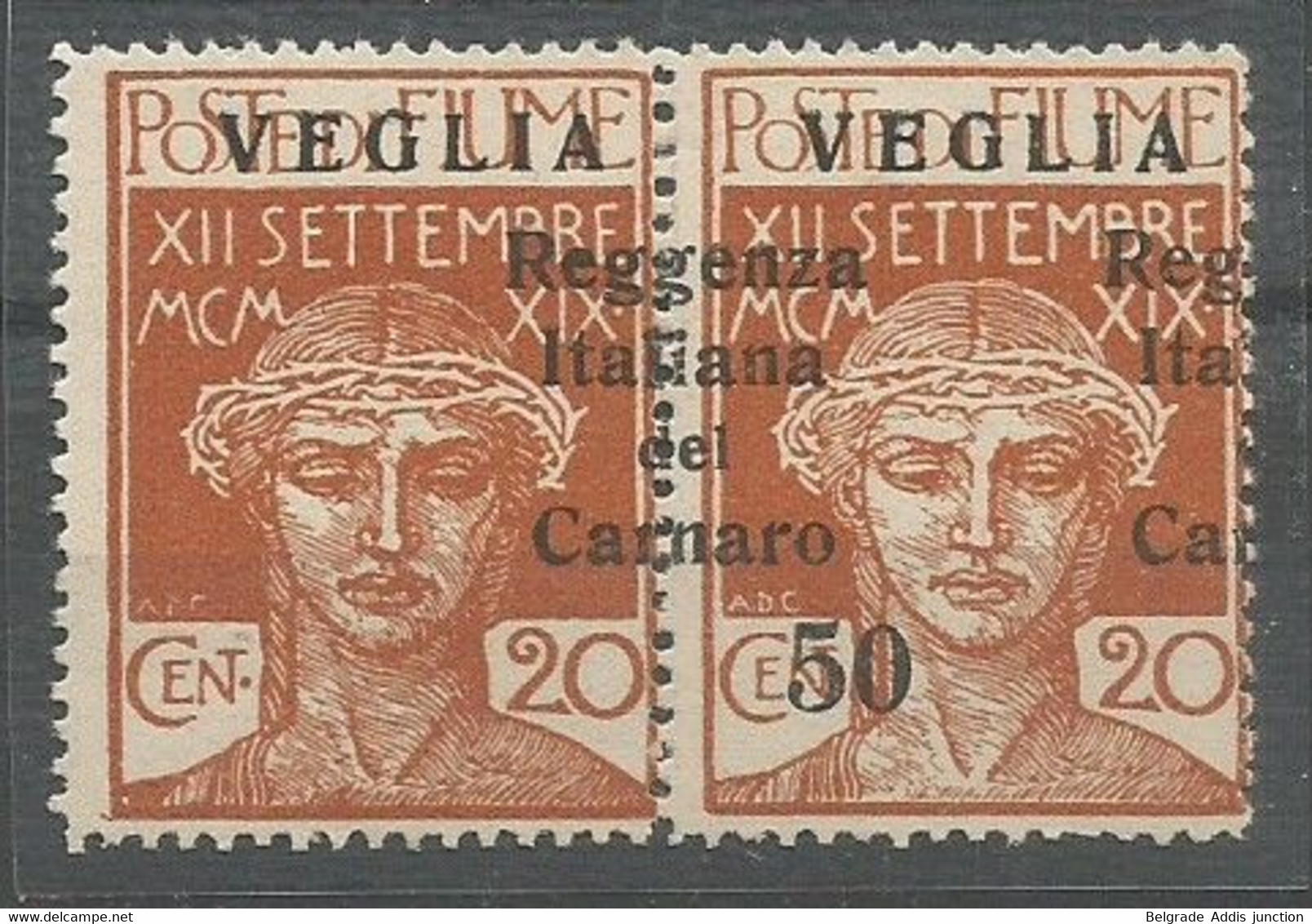 Arbe E Veglia Croatia Italy Italia  ERROR Sassone 9h + 9ha Shifted Ovpt. Left Stamp W/o 50 MH / * 1920 CV: ++1.600,00€ - Arbe & Veglia