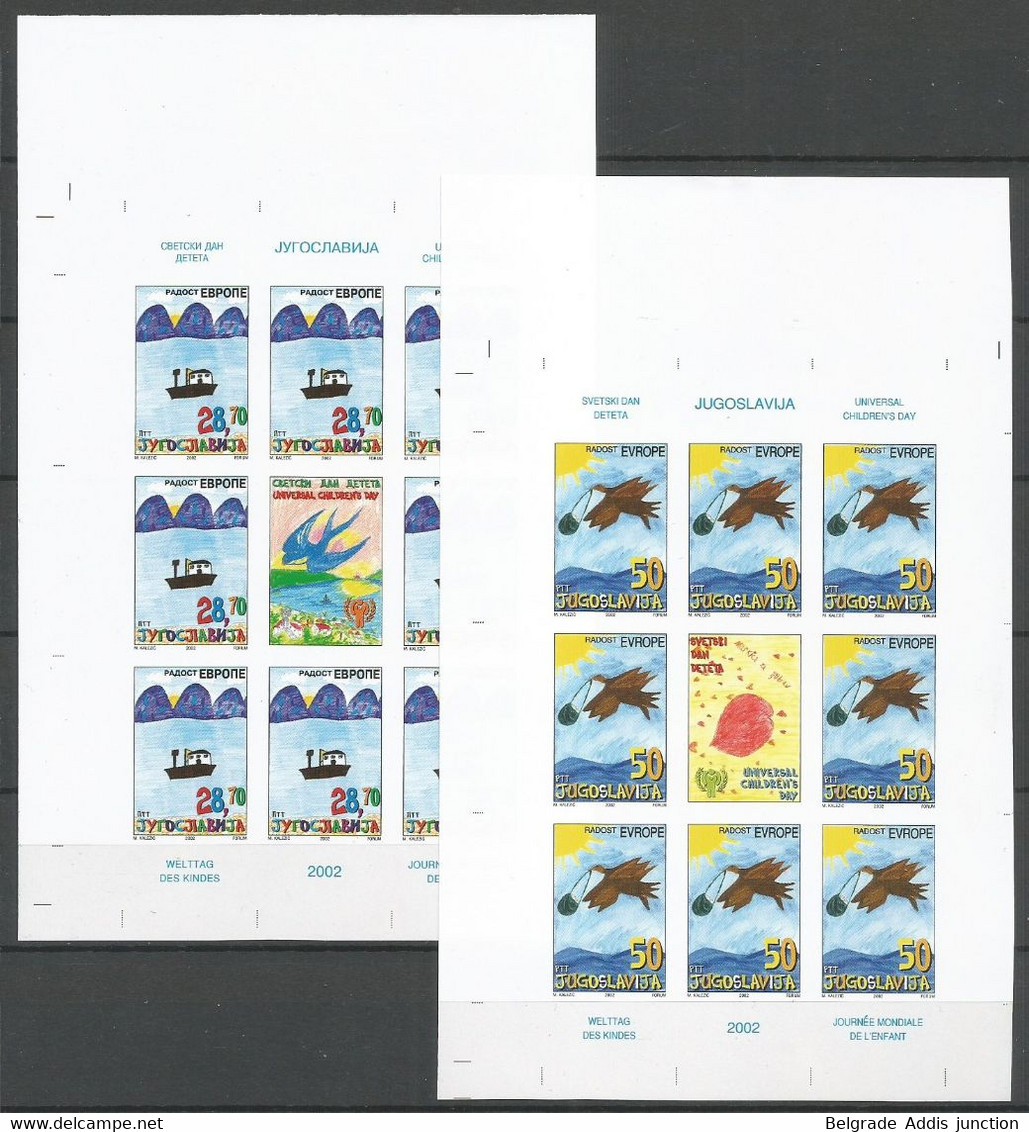 Yugoslavia ERROR Mi.3088/89 In Full Sheetlets Of 9 IMPERFORATED ** / MNH 2002 Europa Hang-on Issues Children Painting - Imperforates, Proofs & Errors