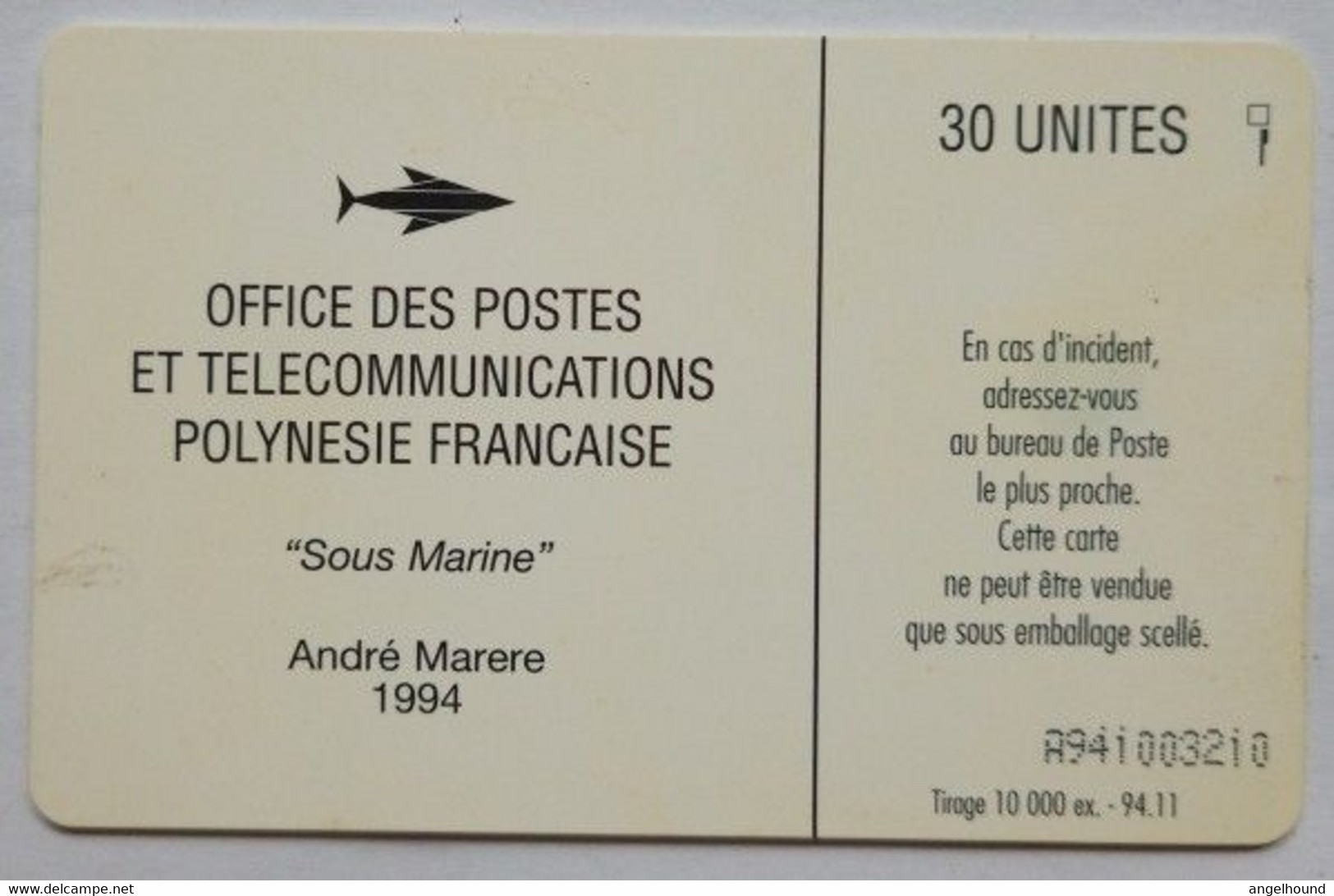 French Polynesia 30 Units " Sous Marine - Andre Marere 1994 " - Polynésie Française