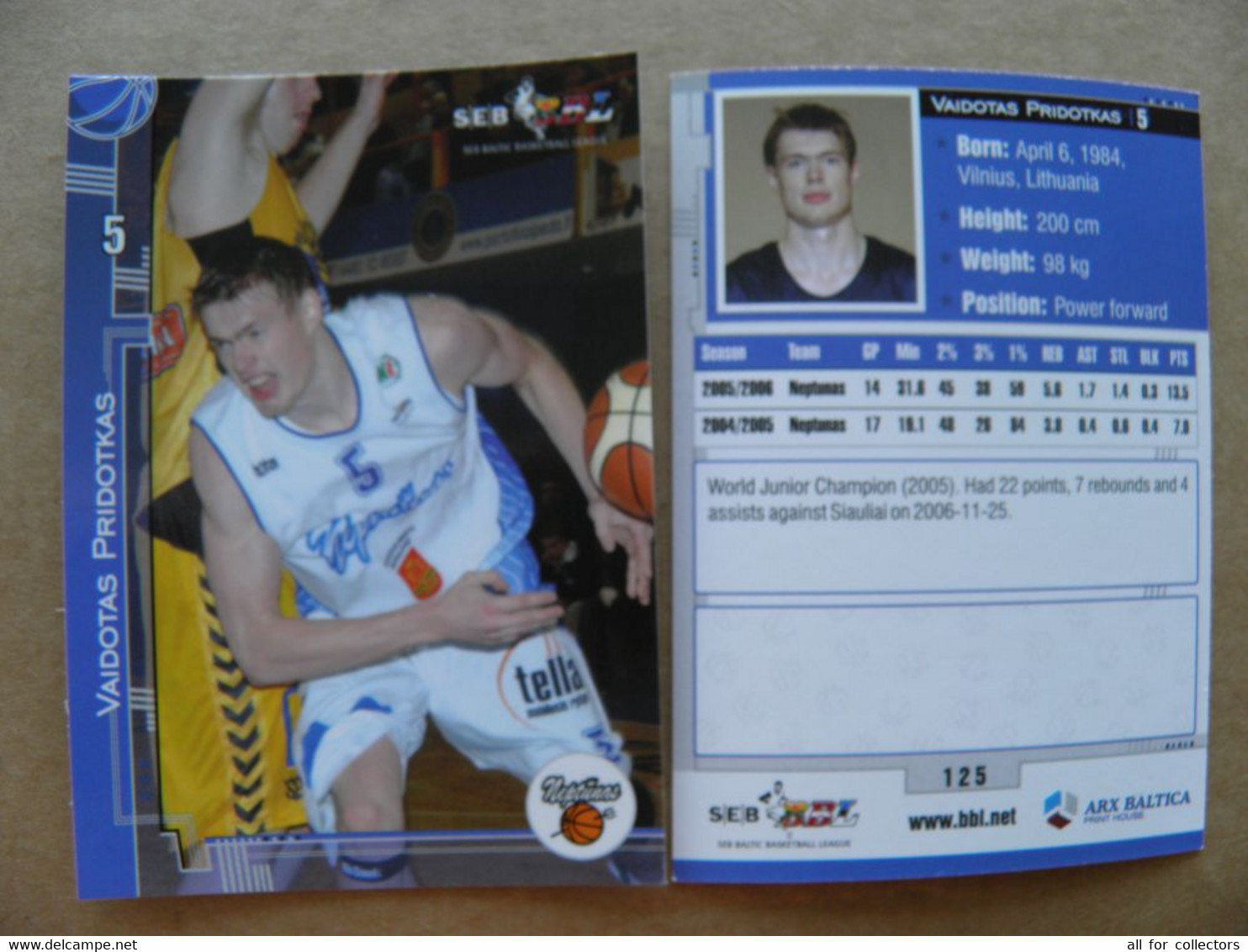 Basketball Card Lithuania Seb Bbl Baltic League Neptunas Klaipeda Team Player Pridotkas - Other & Unclassified