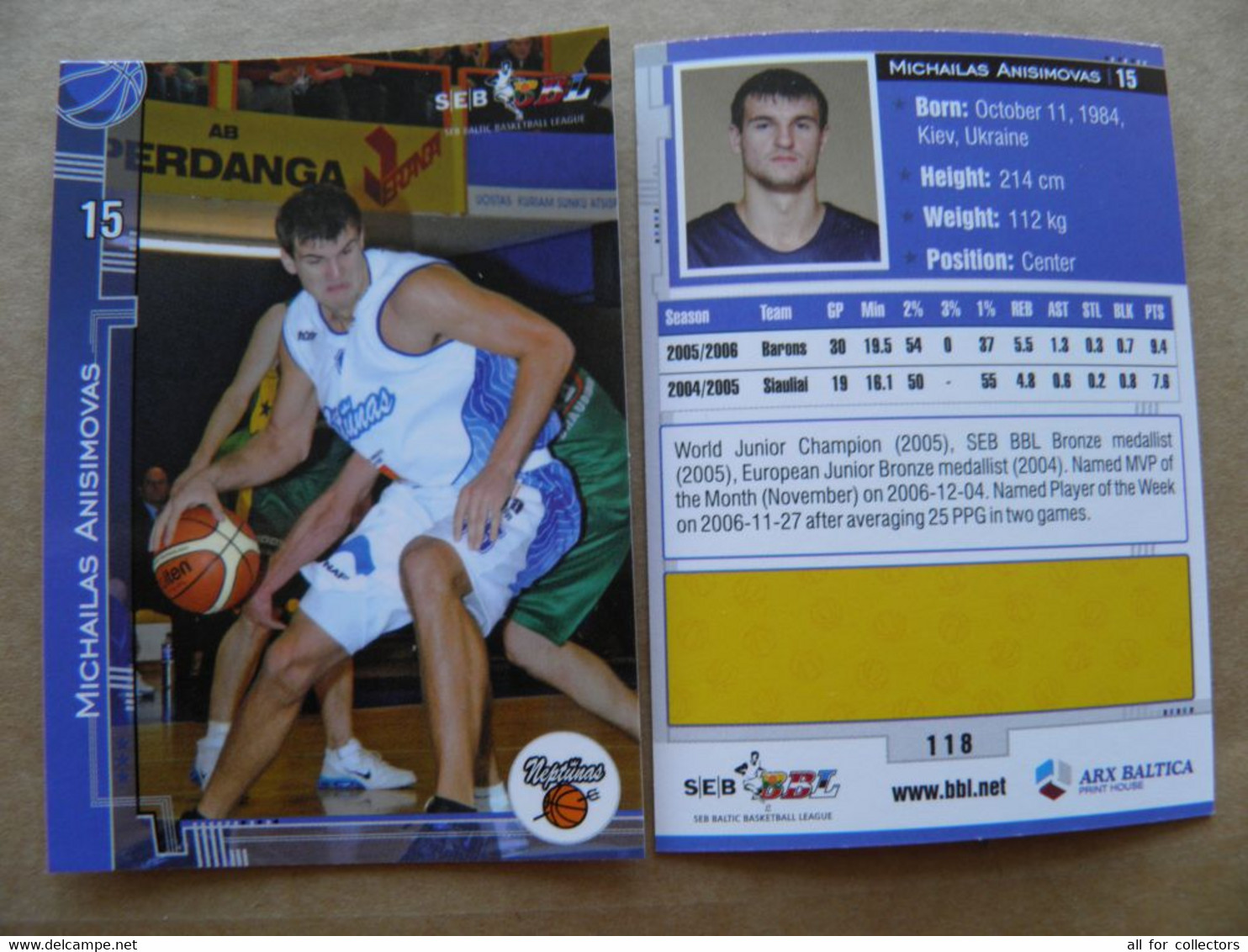 Basketball Card Lithuania Seb Bbl Baltic League Neptunas Klaipeda Team Player Anisimovas - Other & Unclassified