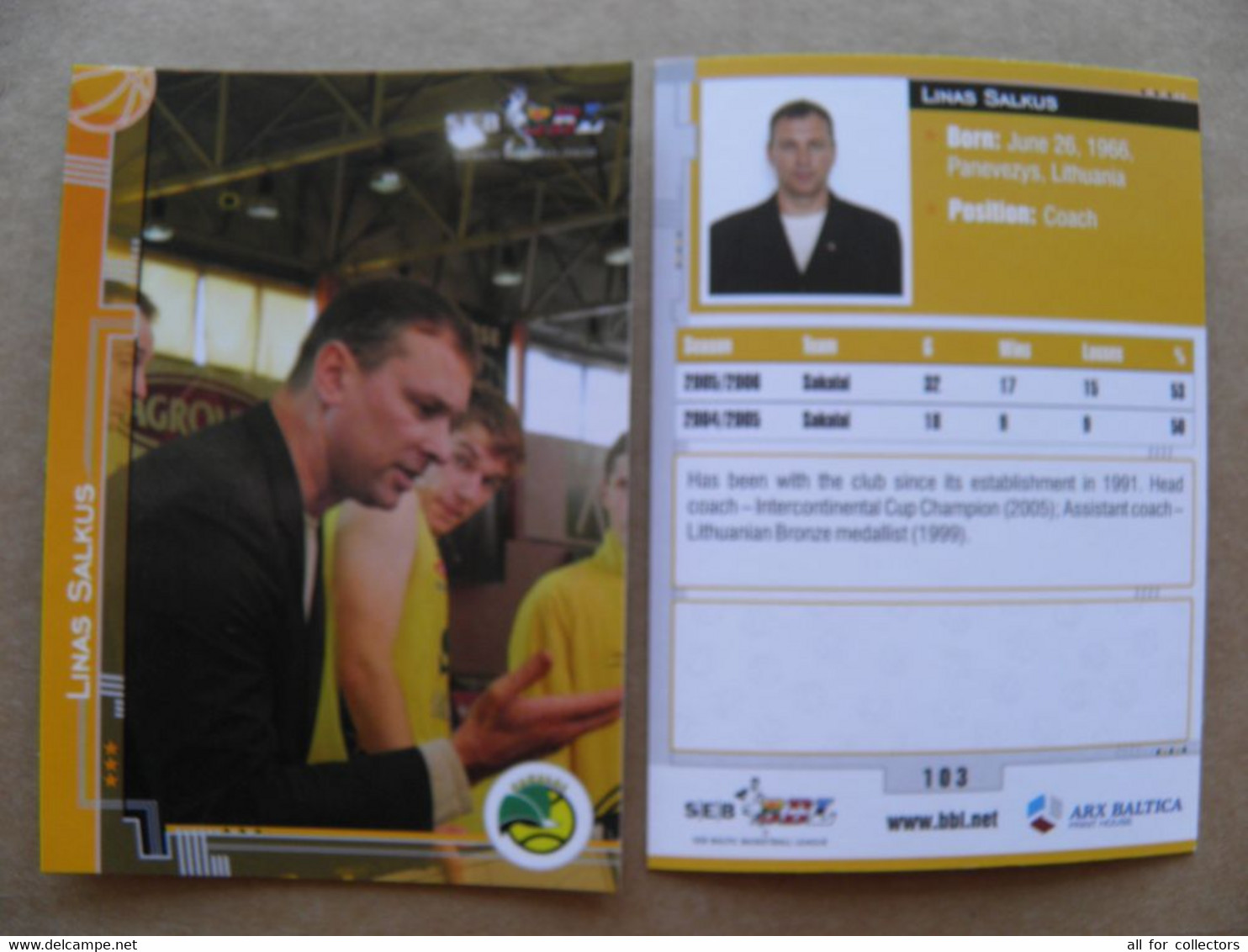 Basketball Card Lithuania Seb Bbl Baltic League Siauliai  Team Coach Salkus - Autres & Non Classés