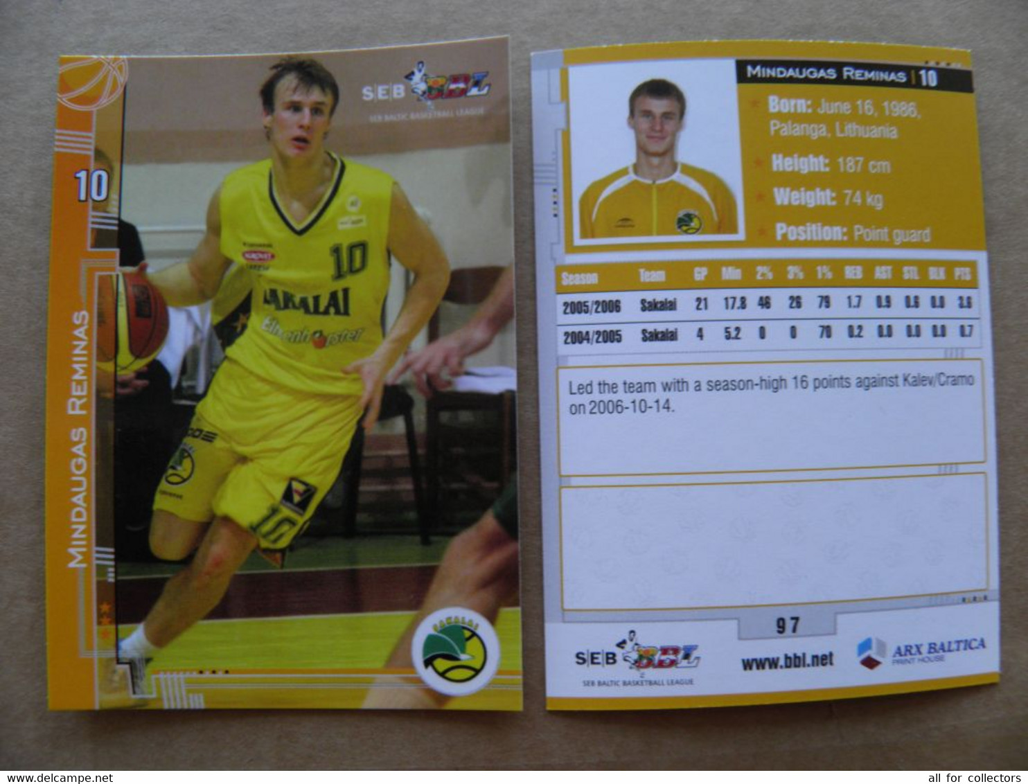 Basketball Card Lithuania Seb Bbl Baltic League Siauliai  Team Player Reminas - Autres & Non Classés