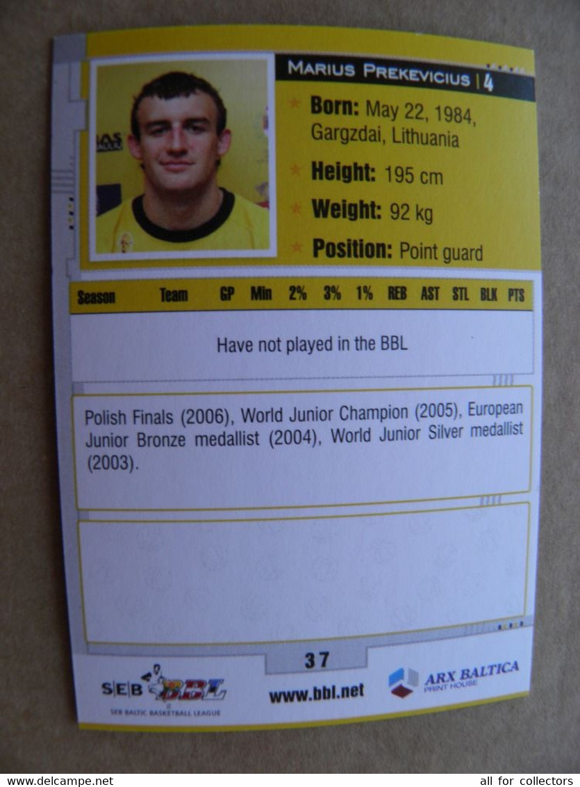 Basketball Card Lithuania Seb Bbl Baltic League Siauliai Team Player Prekevicius - Sonstige & Ohne Zuordnung