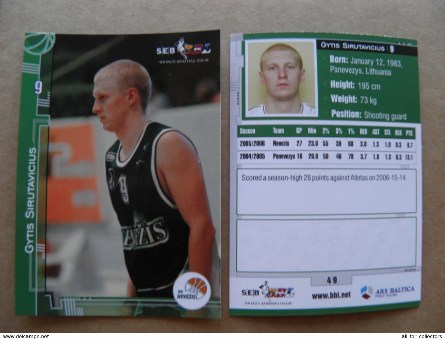 Basketball Card Lithuania Seb Bbl Baltic League Kedainiai Nevezis Team Player Sirutavicius - Other & Unclassified