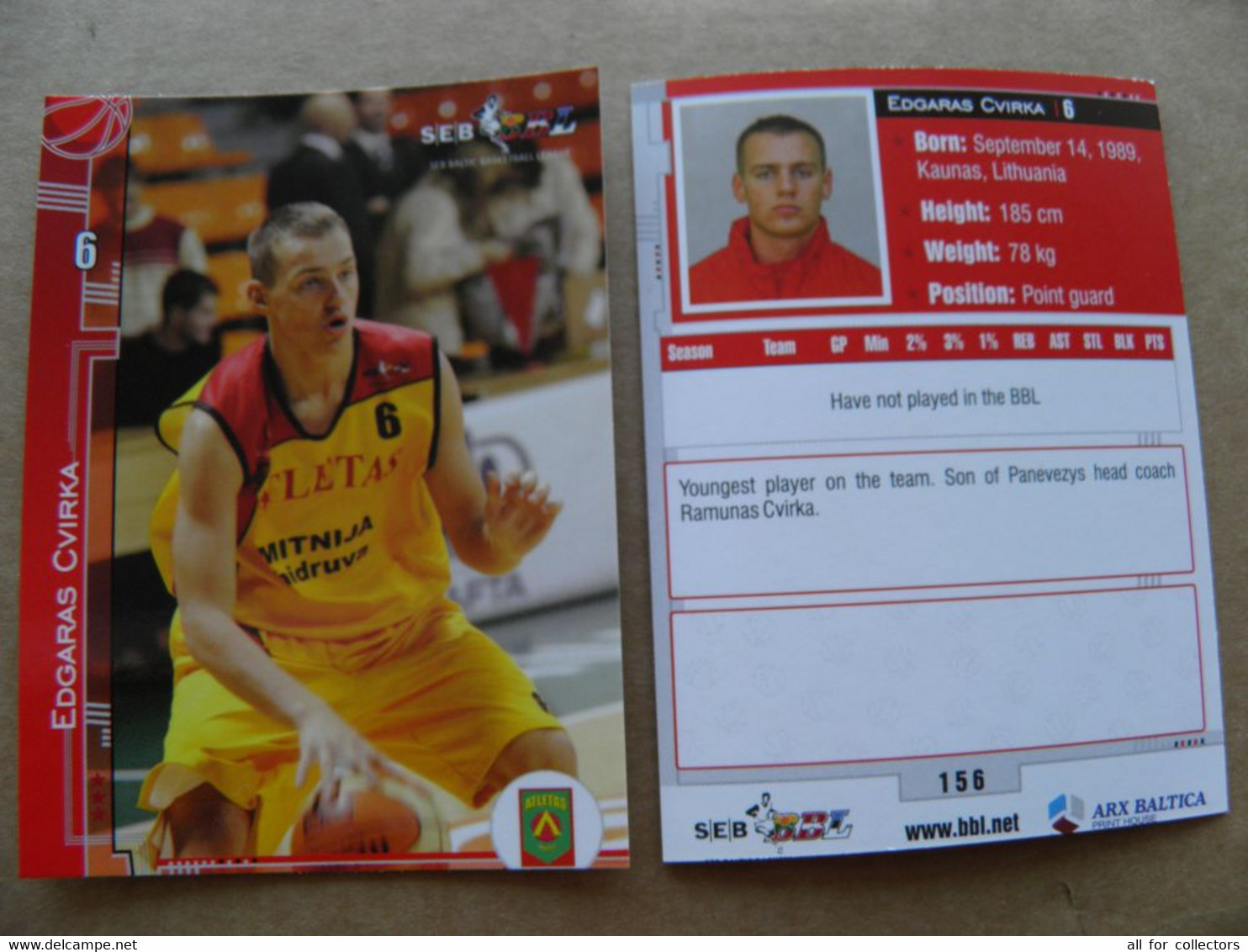 Basketball Card Lithuania Seb Bbl Baltic League Kaunas Atletas Team Player Cvirka - Sonstige & Ohne Zuordnung