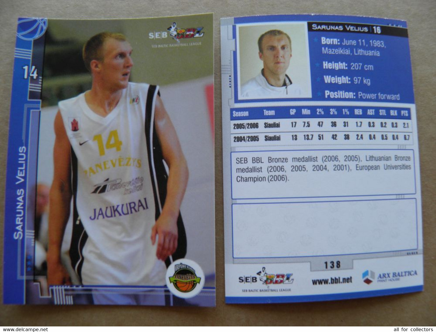 Basketball Card Lithuania Seb Bbl Baltic League Panevezys Team Player Velius - Sonstige & Ohne Zuordnung