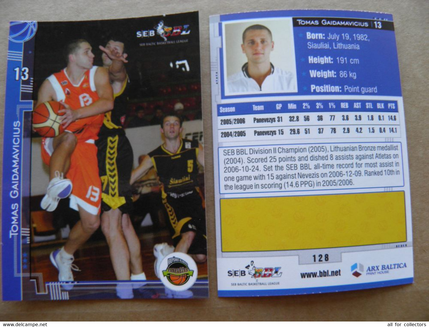 Basketball Card Lithuania Seb Bbl Baltic League Panevezys Team Player Gaidamavicius - Other & Unclassified