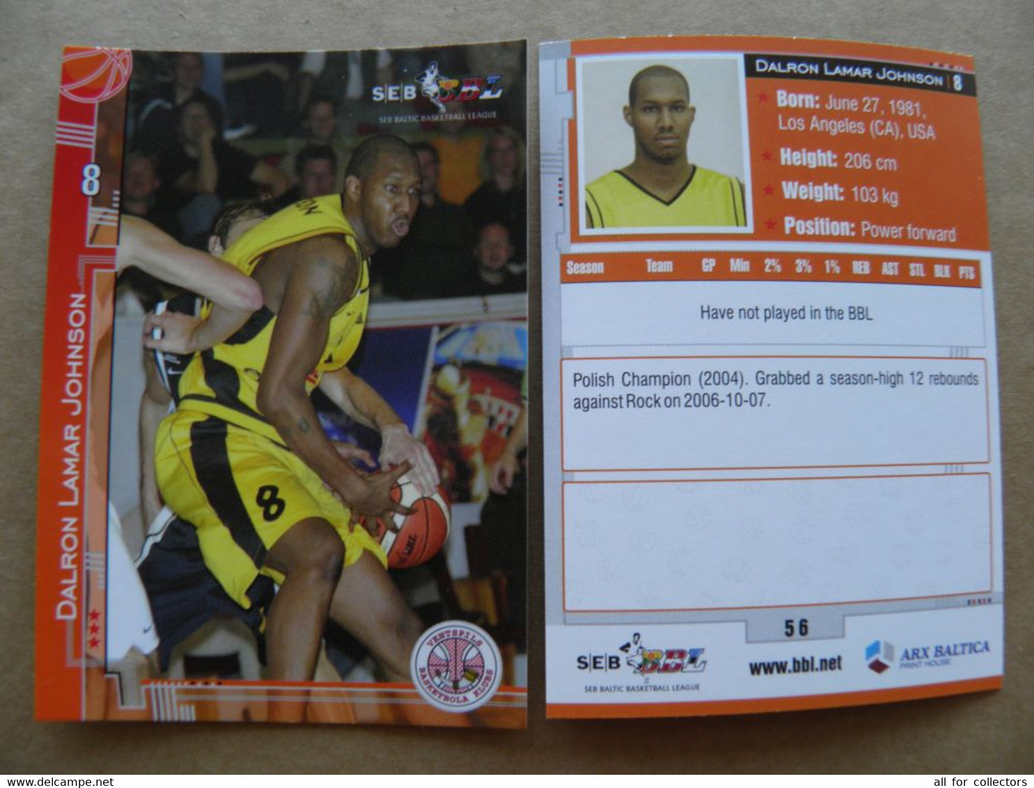 Basketball Card Latvia Seb Bbl Baltic League Ventspils Team Player Johnson - Autres & Non Classés