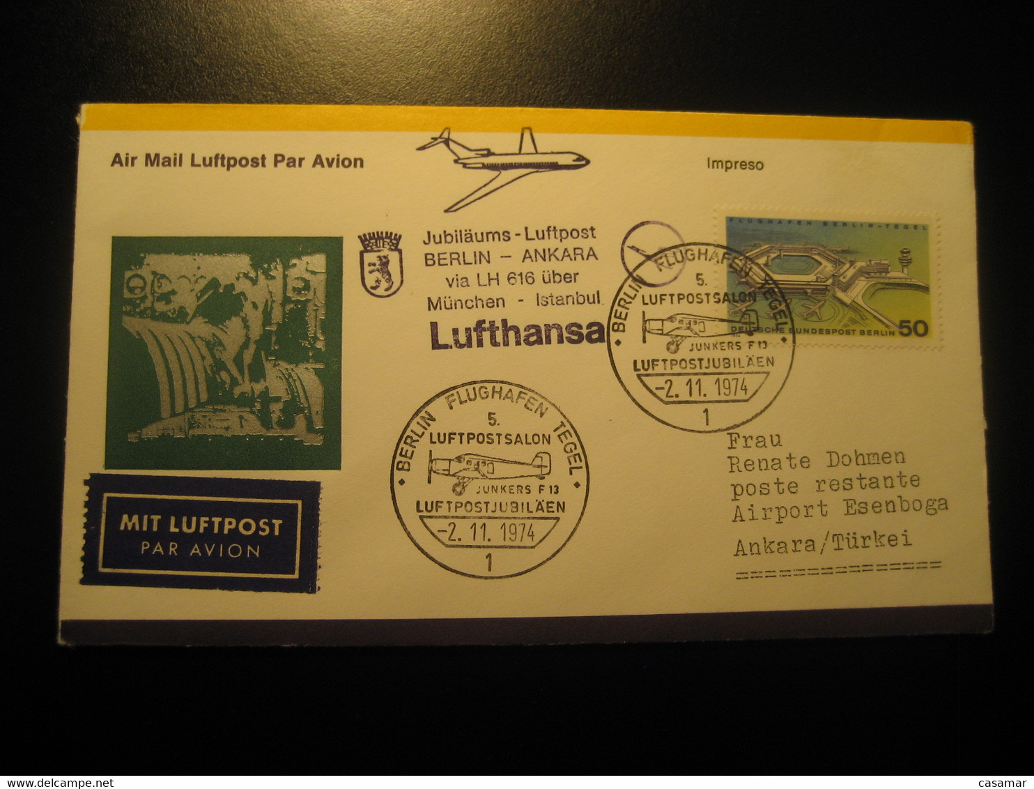 Berlin Ankara Munchen Istanbul 1974 Lufthansa Airline First Flight Cancel Cover Turkey Germany - Poste Aérienne