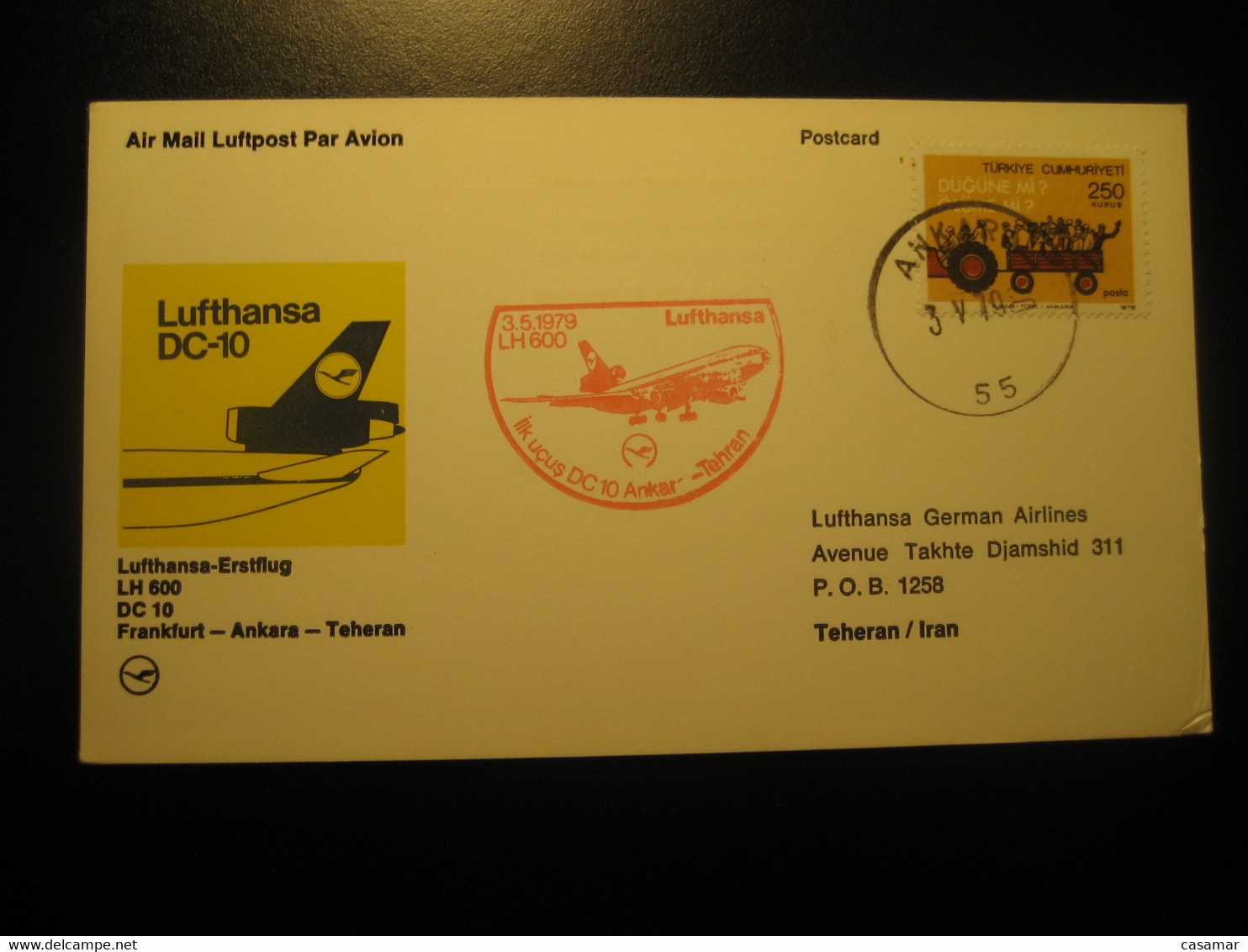 Frankfurt Ankara Teheran 1979 Lufthansa Airline DC10 First Flight Red Cancel Card Turkey Germany - Posta Aerea