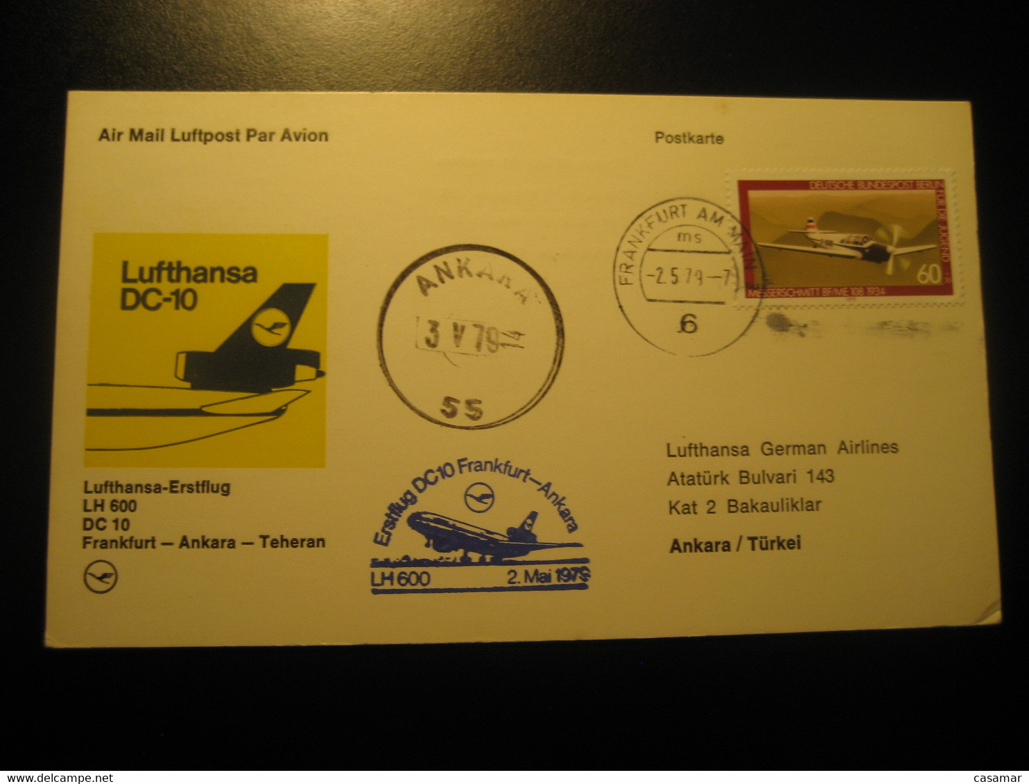 Frankfurt Ankara Teheran 1979 Lufthansa Airline DC10 First Flight Blue Cancel Card Turkey Germany - Posta Aerea