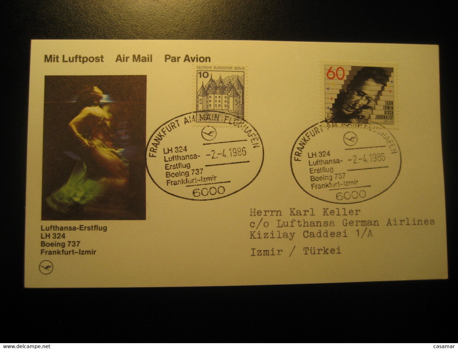 Frankfurt Izmir 1986 Lufthansa Airline Boeing 737 First Flight 2 Stamp Cancel Card Turkey Germany - Airmail