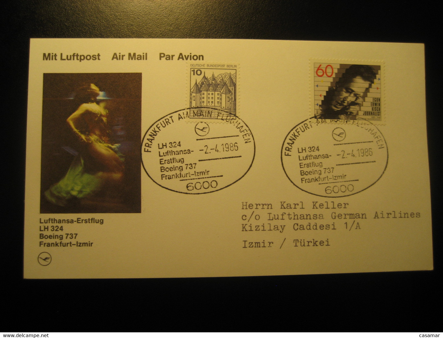 Frankfurt Izmir 1986 Lufthansa Airline Boeing 737 First Flight 2 Stamp Cancel Card Turkey Germany - Poste Aérienne