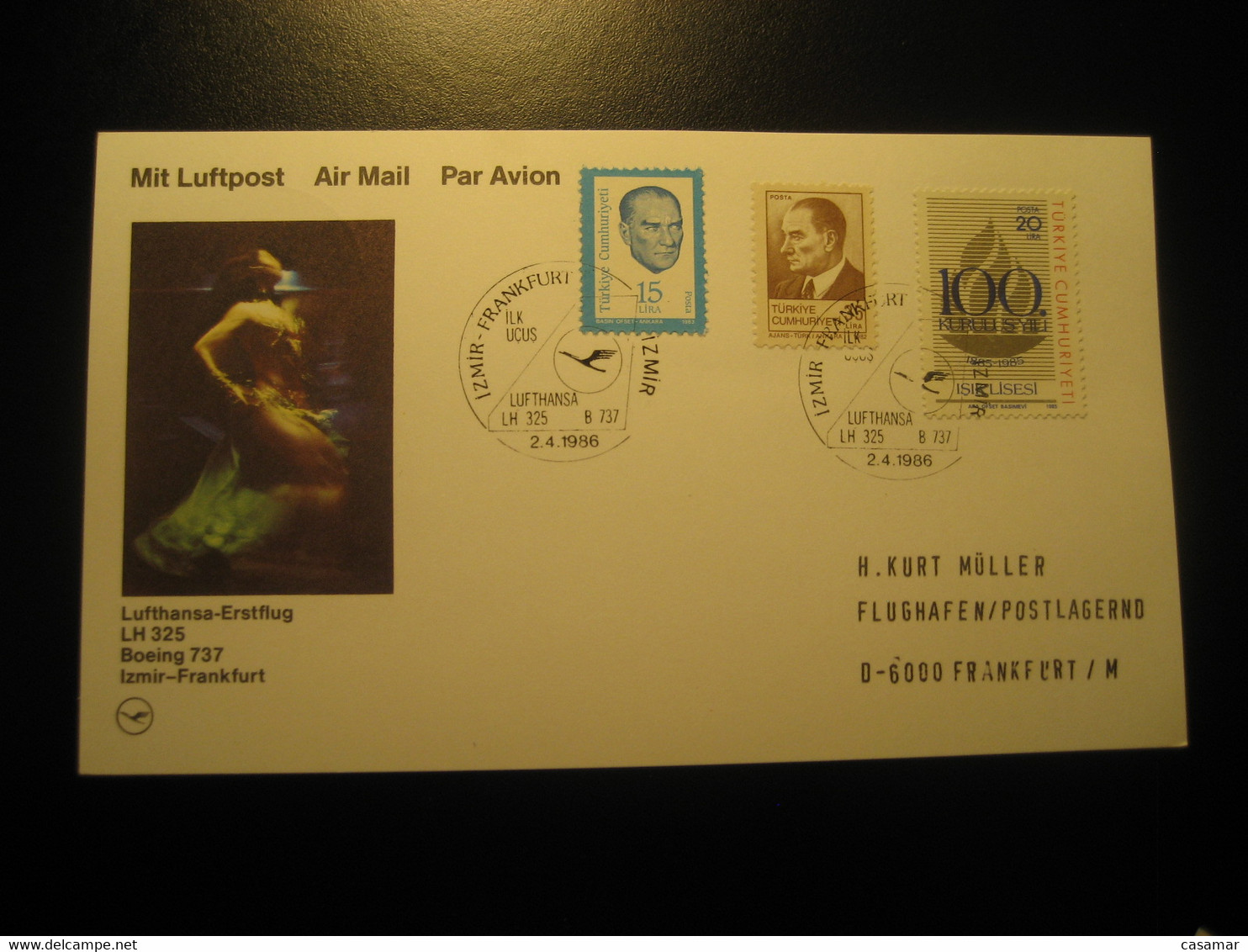 Izmir Frankfurt 1986 Lufthansa Airline Boeing 737 First Flight 3 Stamp Cancel Card Turkey Germany - Luftpost