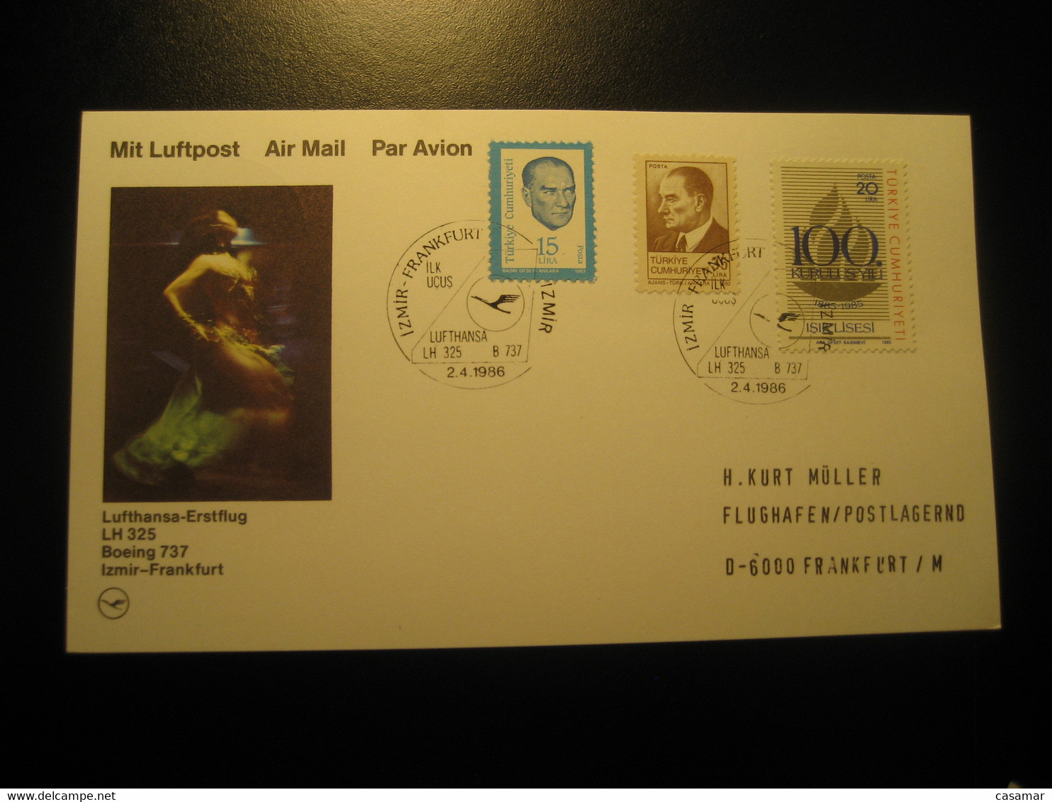 Izmir Frankfurt 1986 Lufthansa Airline Boeing 737 First Flight 3 Stamp Cancel Card Turkey Germany - Posta Aerea