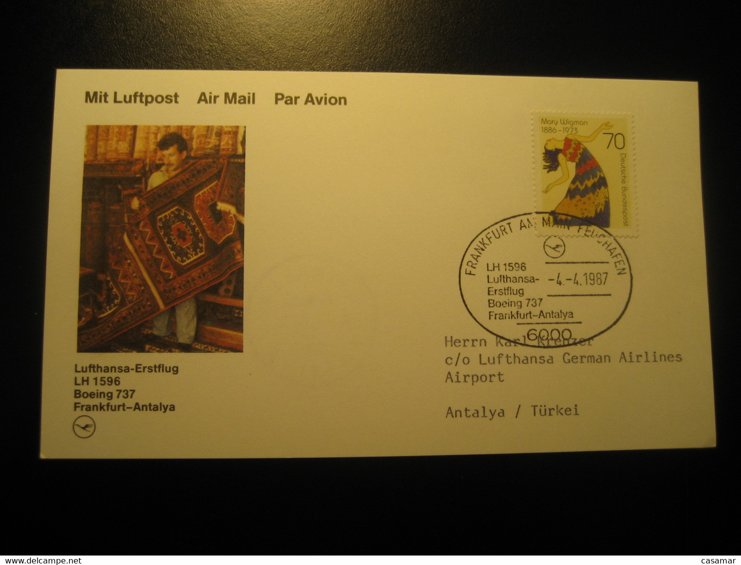 Frankfurt Antalya 1987 Lufthansa Airline Boeing 737 First Flight Stamp Cancel Card Turkey Germany - Luftpost