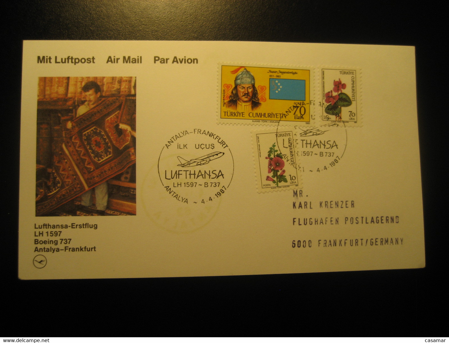Antalya Frankfurt 1987 Lufthansa Airline Boeing 737 First Flight 3 Stamp Cancel Card Turkey Germany - Poste Aérienne