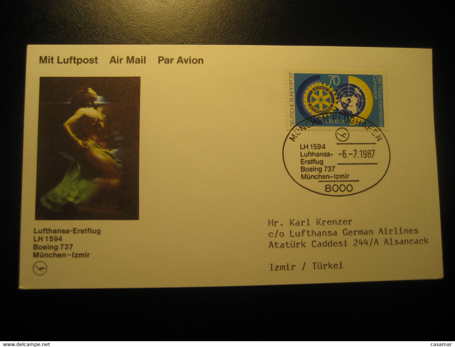 Munchen Izmir 1987 Lufthansa Airline Boeing 737 First Flight Rotary Stamp Cancel Card Turkey Germany - Luchtpost