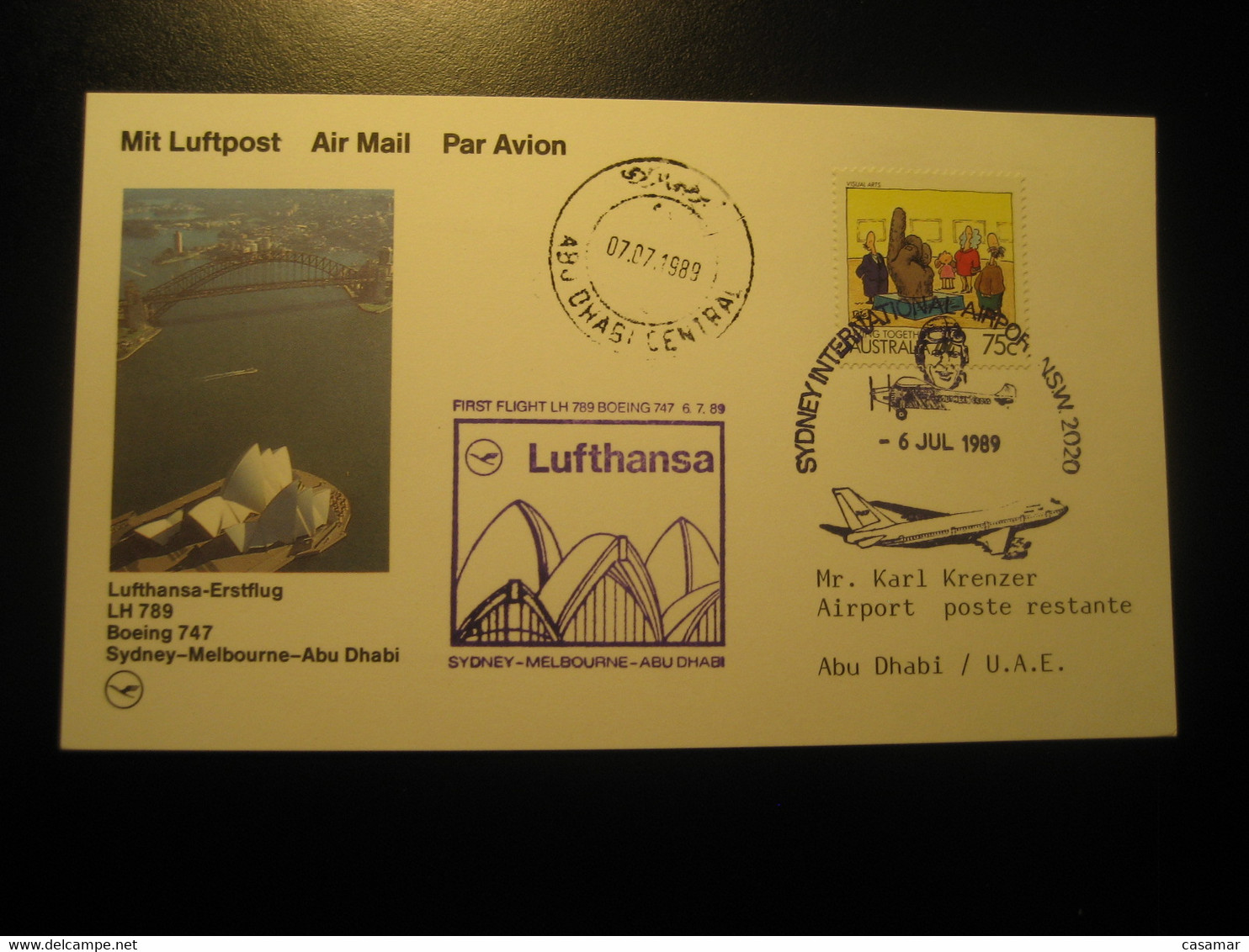 Sydney Melbourne ABU DHABI 1989 Lufthansa Airline Boeing 747 First Flight Violet Cancel Card UAE AUSTRALIA - Abu Dhabi