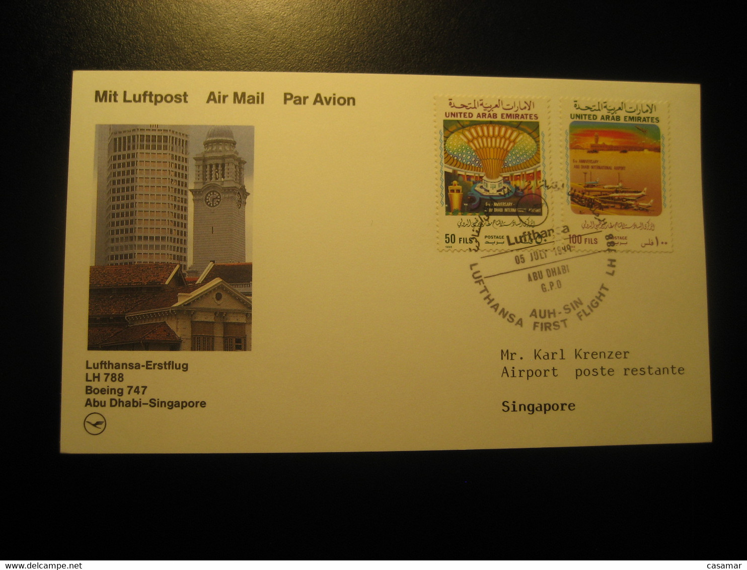 ABU DHABI Singapore 1989 Lufthansa Airline Boeing 747 First Flight Cancel Card UAE United Arab Emirates - Abu Dhabi