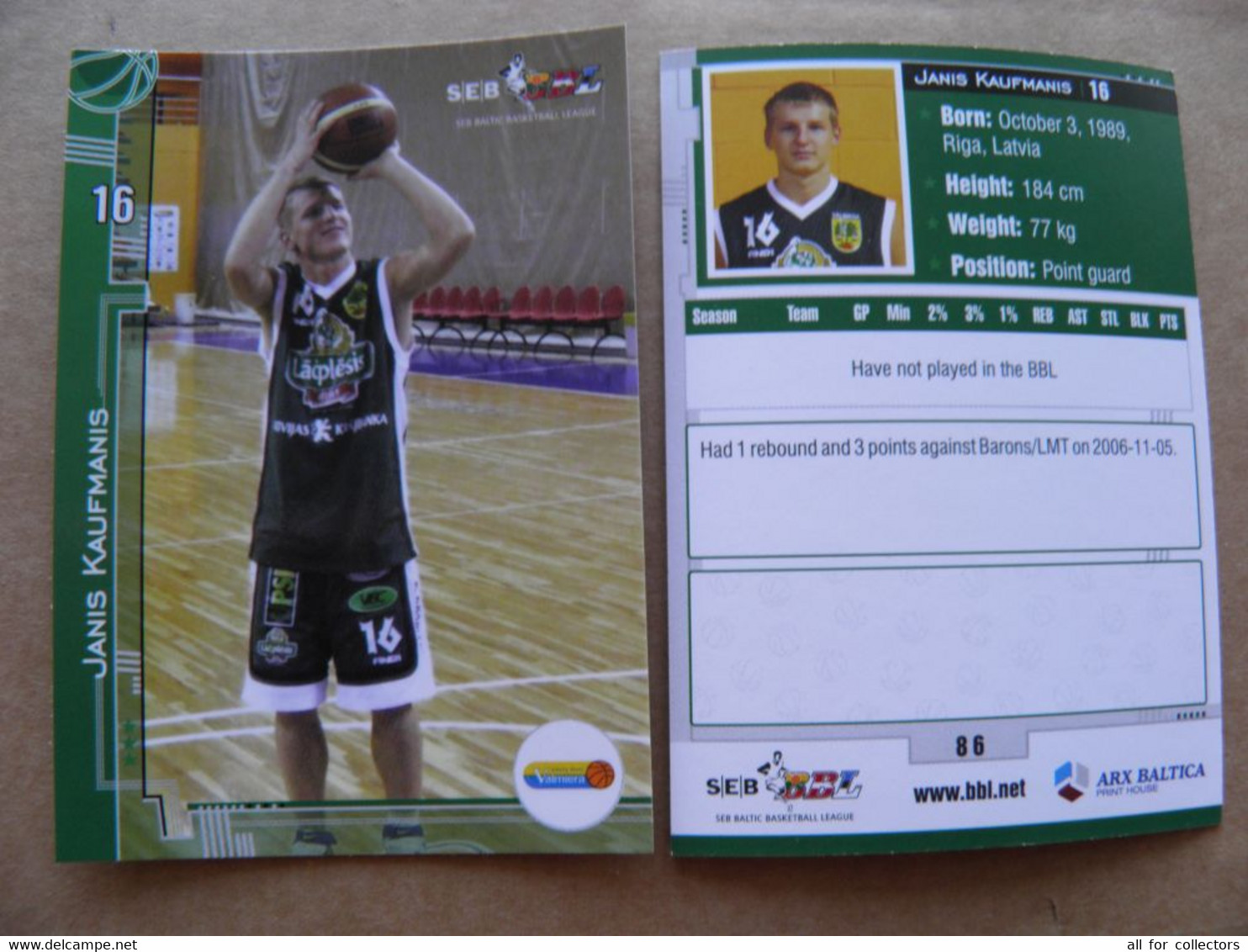 Basketball Card Latvia Seb Bbl Baltic League Valmiera Player Kaufmanis - Other & Unclassified