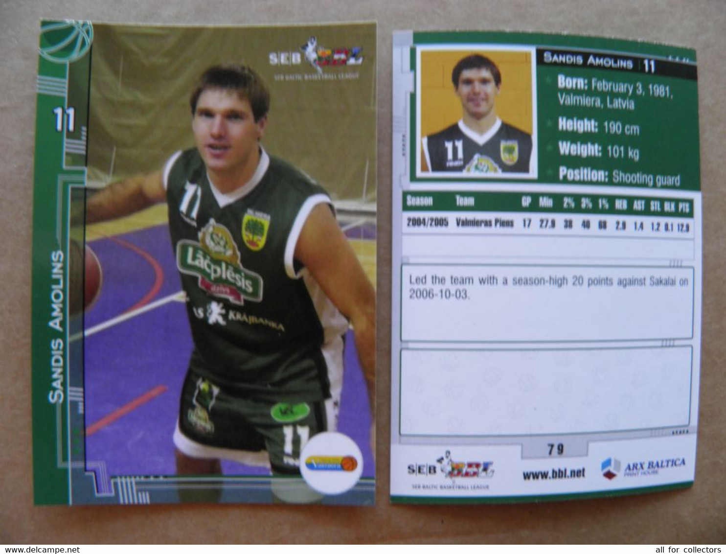 Basketball Card Latvia Seb Bbl Baltic League Valmiera Player Amolins - Other & Unclassified