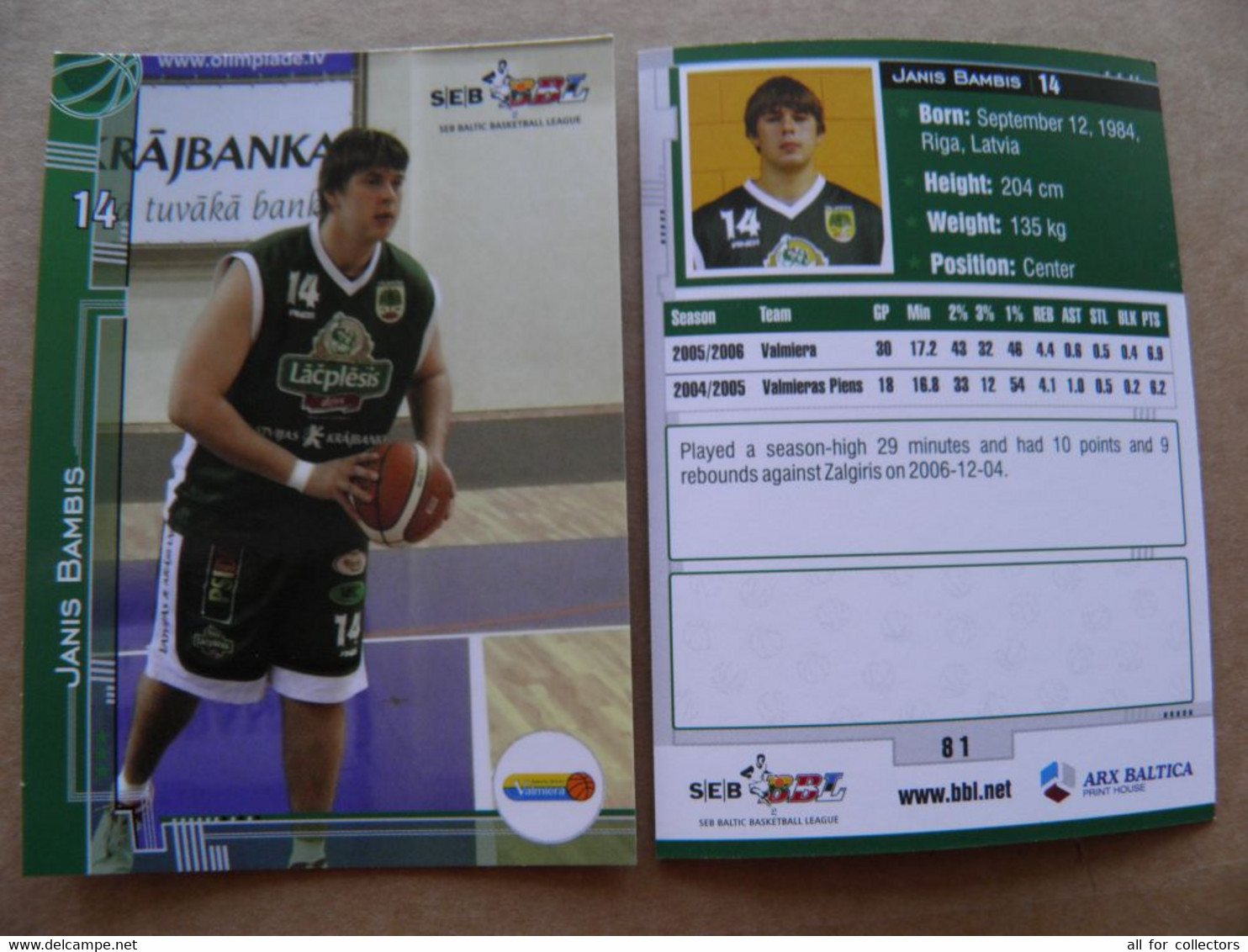 Basketball Card Latvia Seb Bbl Baltic League Valmiera Player Bambis - Other & Unclassified