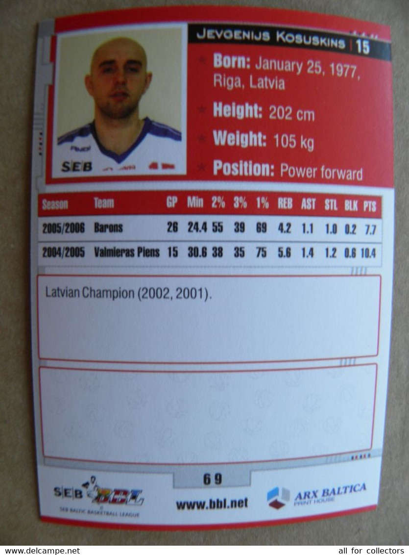 Basketball Card Latvia Seb Bbl Baltic League Barons Riga Team Player Kosuskins - Autres & Non Classés