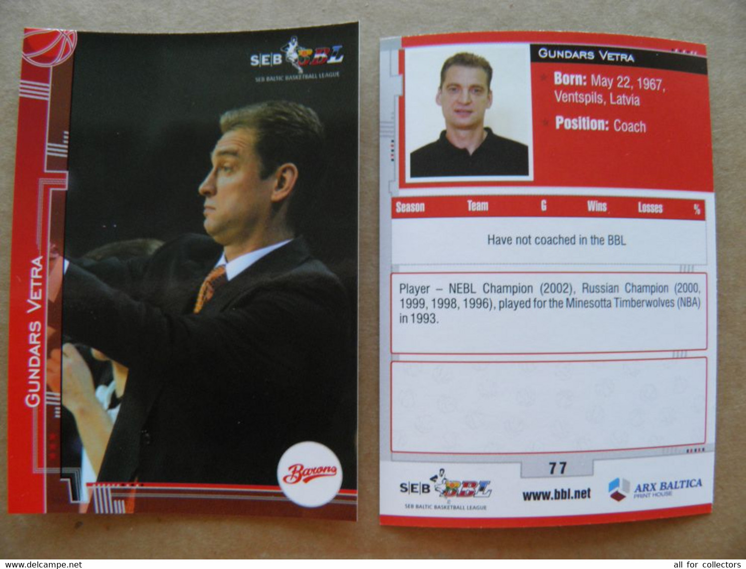 Basketball Card Latvia Seb Bbl Baltic League Barons Riga Team Coach Vetra - Andere & Zonder Classificatie