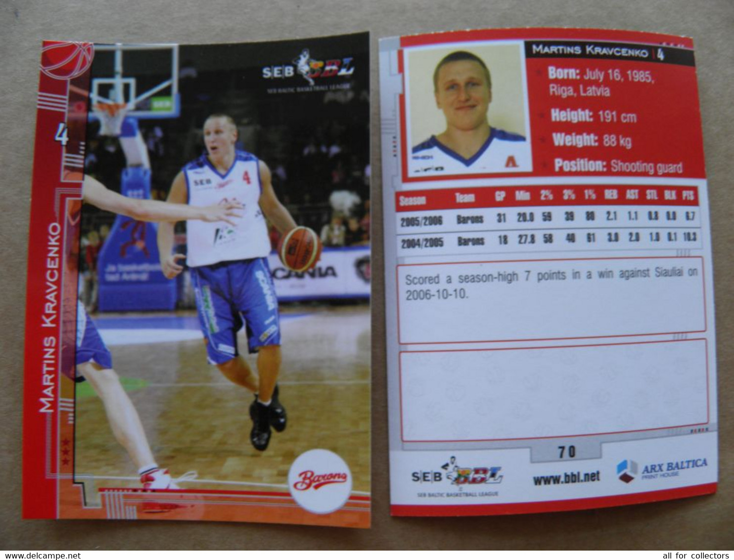 Basketball Card Latvia Seb Bbl Baltic League Barons Riga Team Player Kravcenko - Autres & Non Classés