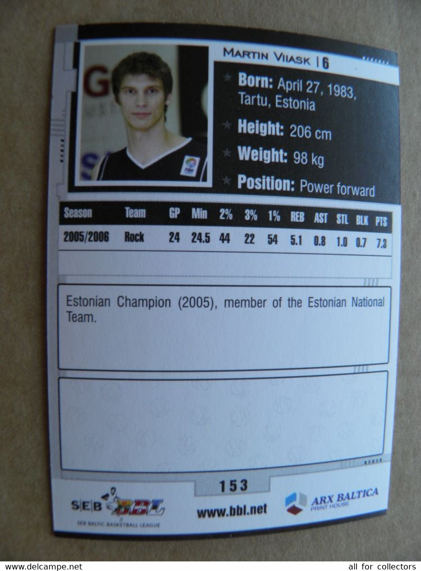 Basketball Card Estonia Seb Bbl Baltic League Rock Tallinn Team Player Viiask - Other & Unclassified