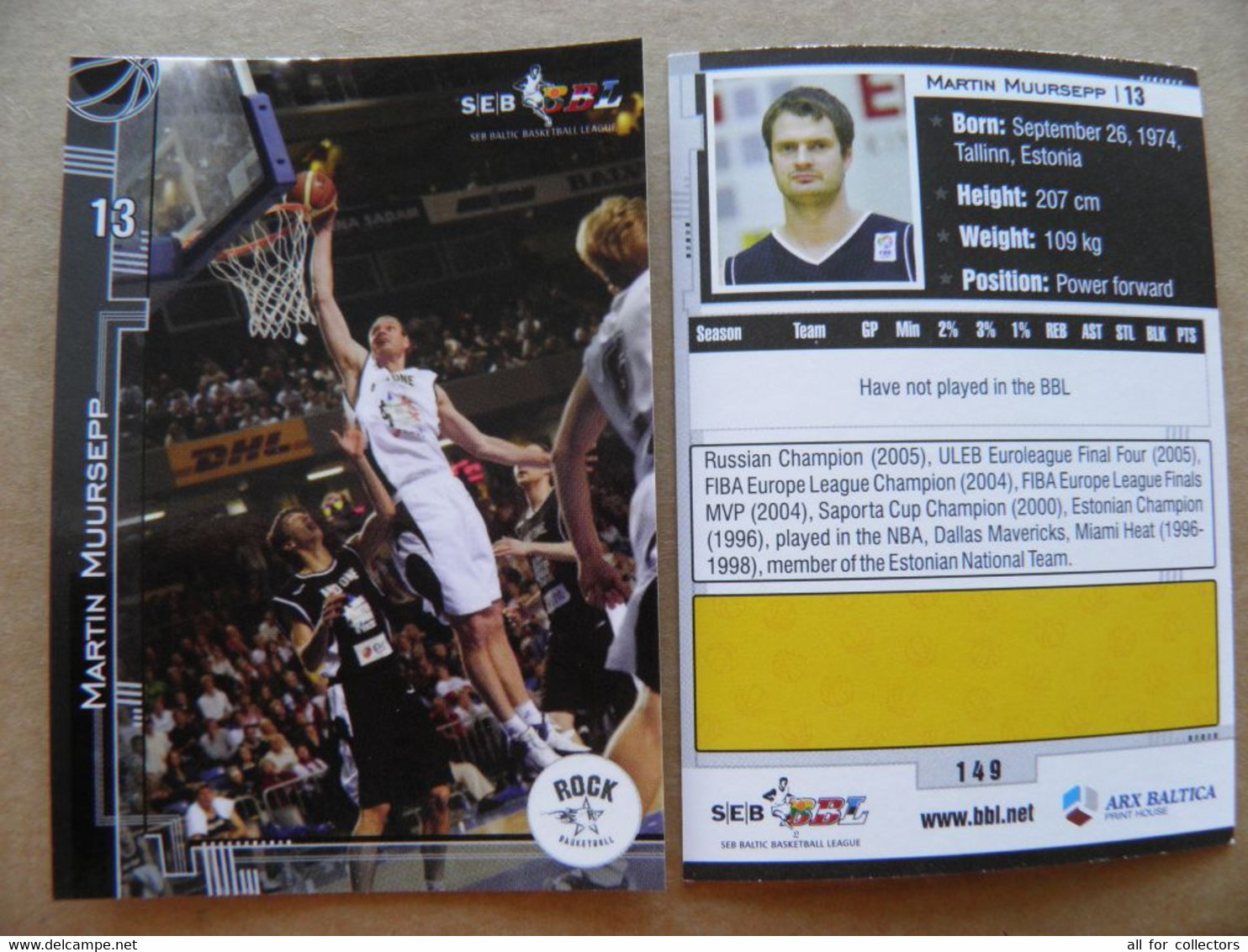 Basketball Card Estonia Seb Bbl Baltic League Rock Tallinn Team Player Muursepp - Altri & Non Classificati