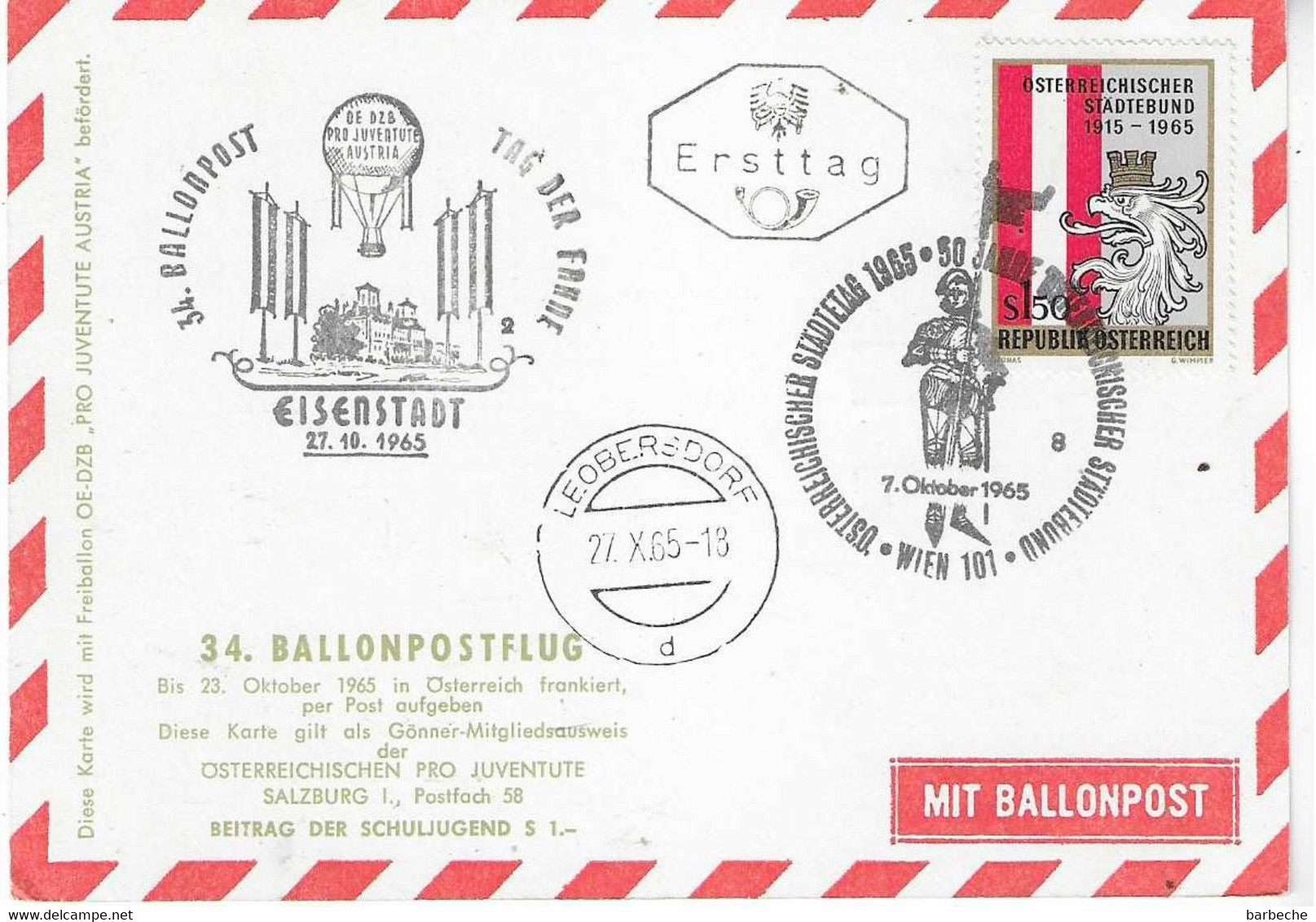 34,- BALLONPOST EISENSTADT REPUBLIK OSTERREICH MIT BALLONPOST - Par Ballon