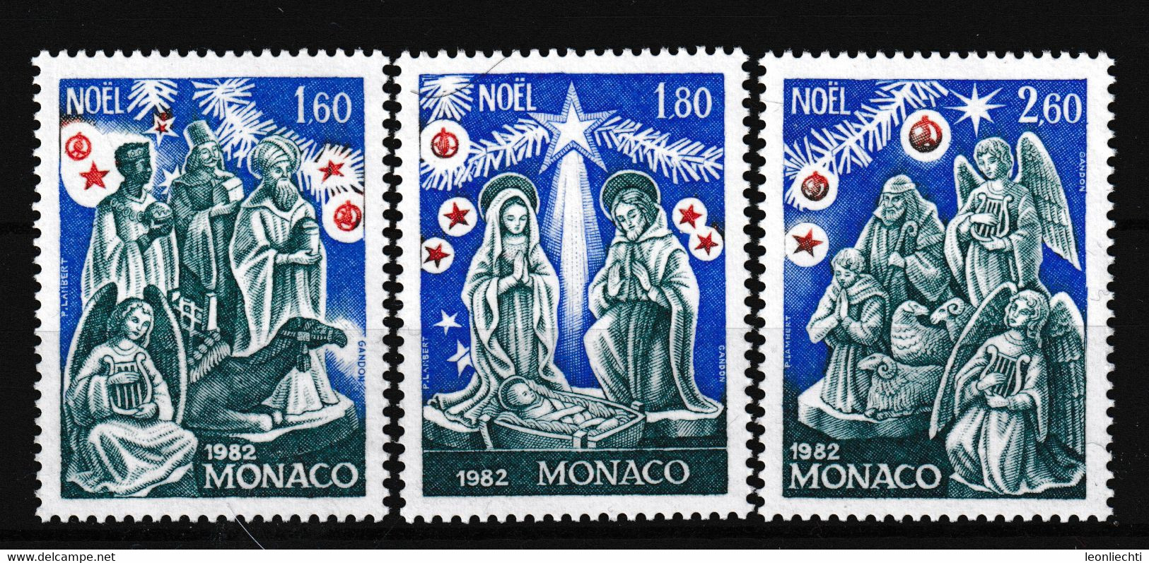 1982 Monaco, Mi:1561-1563** Y&T:1352-1354**,Krippenfiguren:Die Heiligen Drei Könige, Die Heilige Familie, Hirten + Engel - Oblitérés