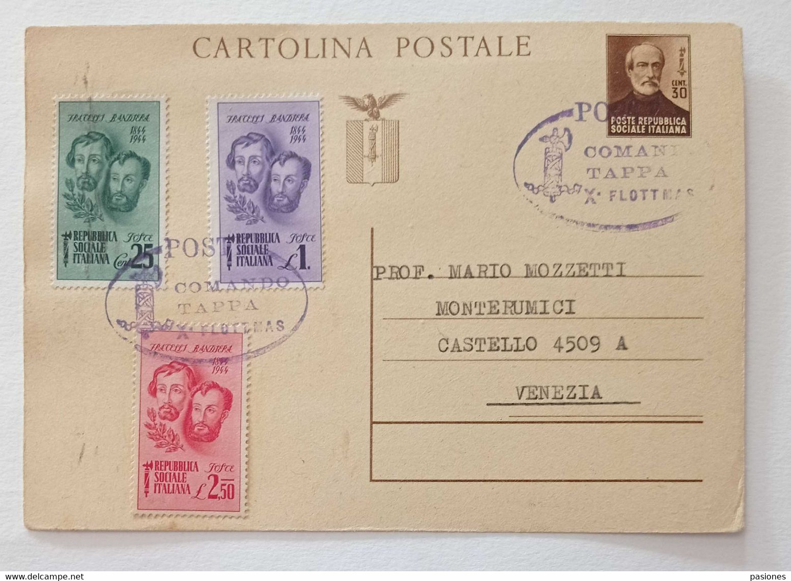 Cartolina Postale Da 30 Cent. Per Venezia Con Serie Fratelli Bandiera E Timbro Comando Tappa X Flotta Mas 05/02/1945 - Entiers Postaux