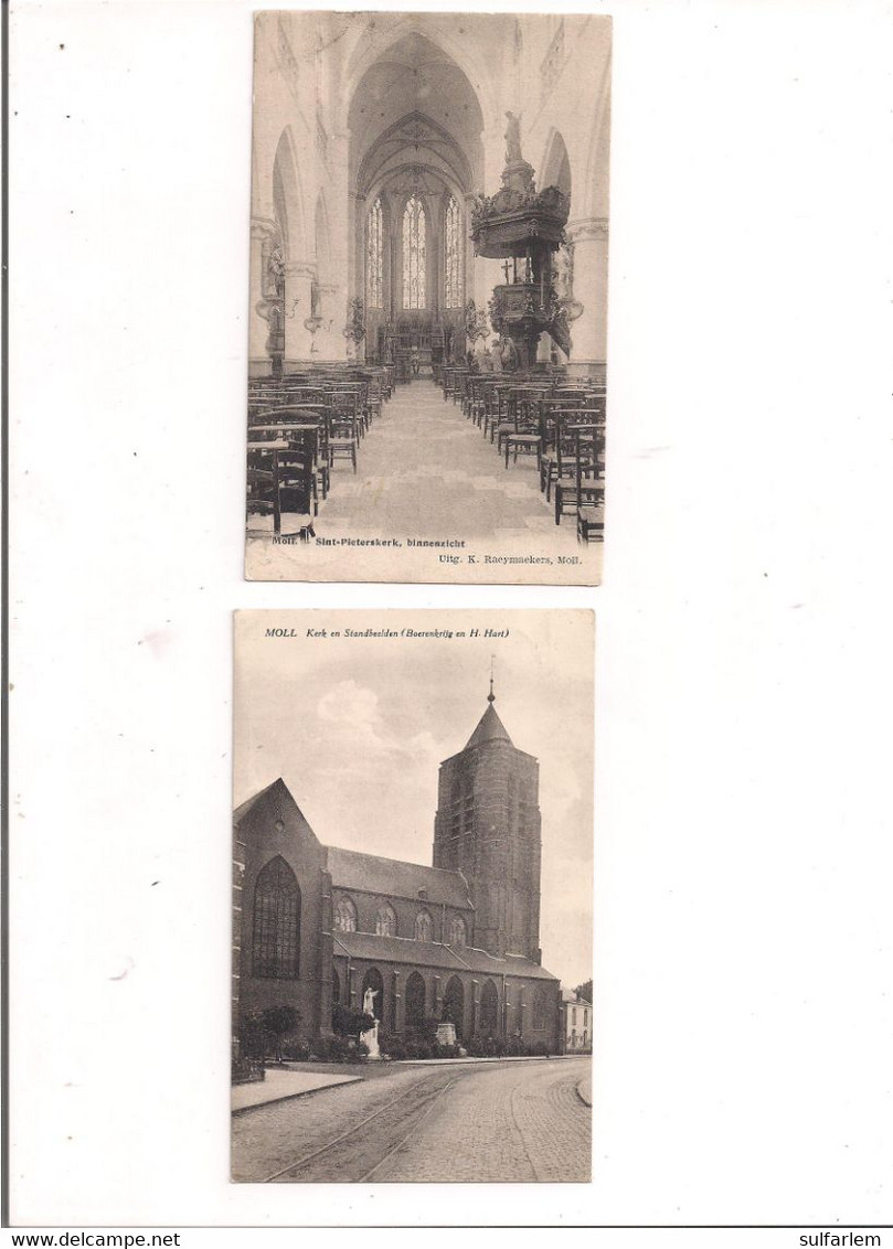 Carte Postale MOLL. St Pieterskerk ,binnenzicht. Kerk En Standbeelden (Boerenkrijg En H.Hart) - Mol