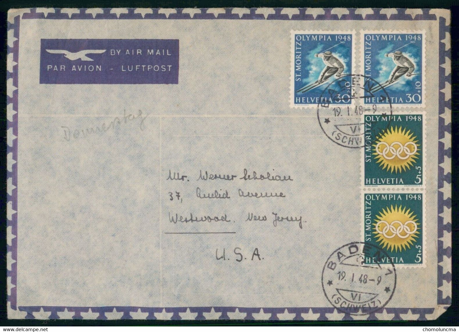 1948 St Moritz Winter Olympic Games Jeux Olympiques D'Hiver Olympische Winterspiele Cover To Westwood USA - Winter 1948: St-Moritz